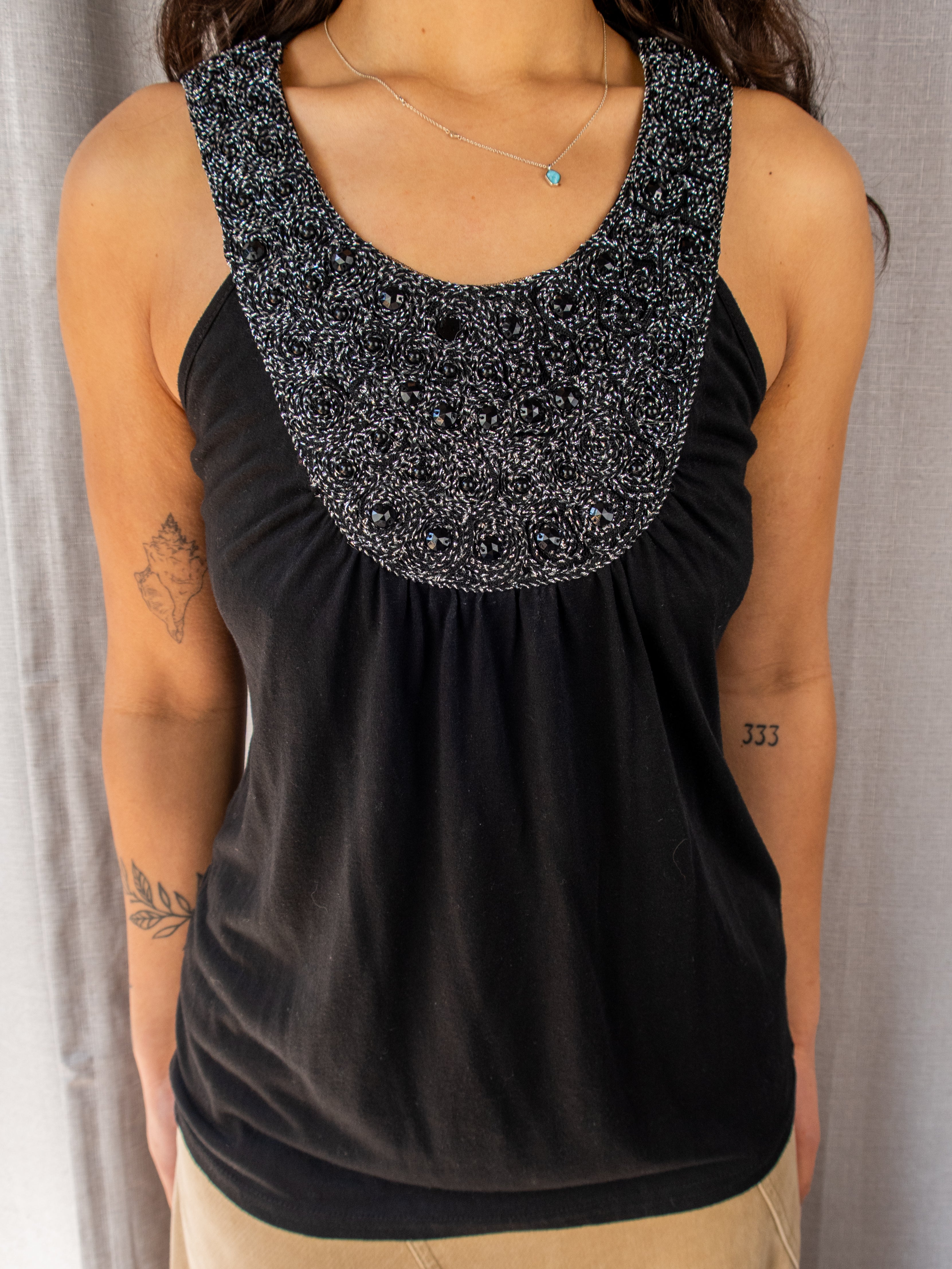 Y2K Avocado Embellished Tank Top - Beaded Neckline - Size 10