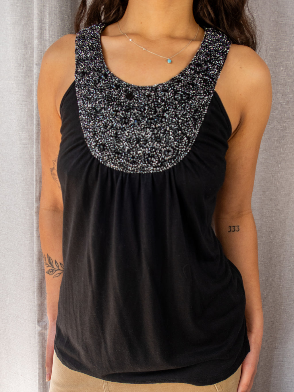 Y2K Avocado Embellished Tank Top - Beaded Neckline - Size 10