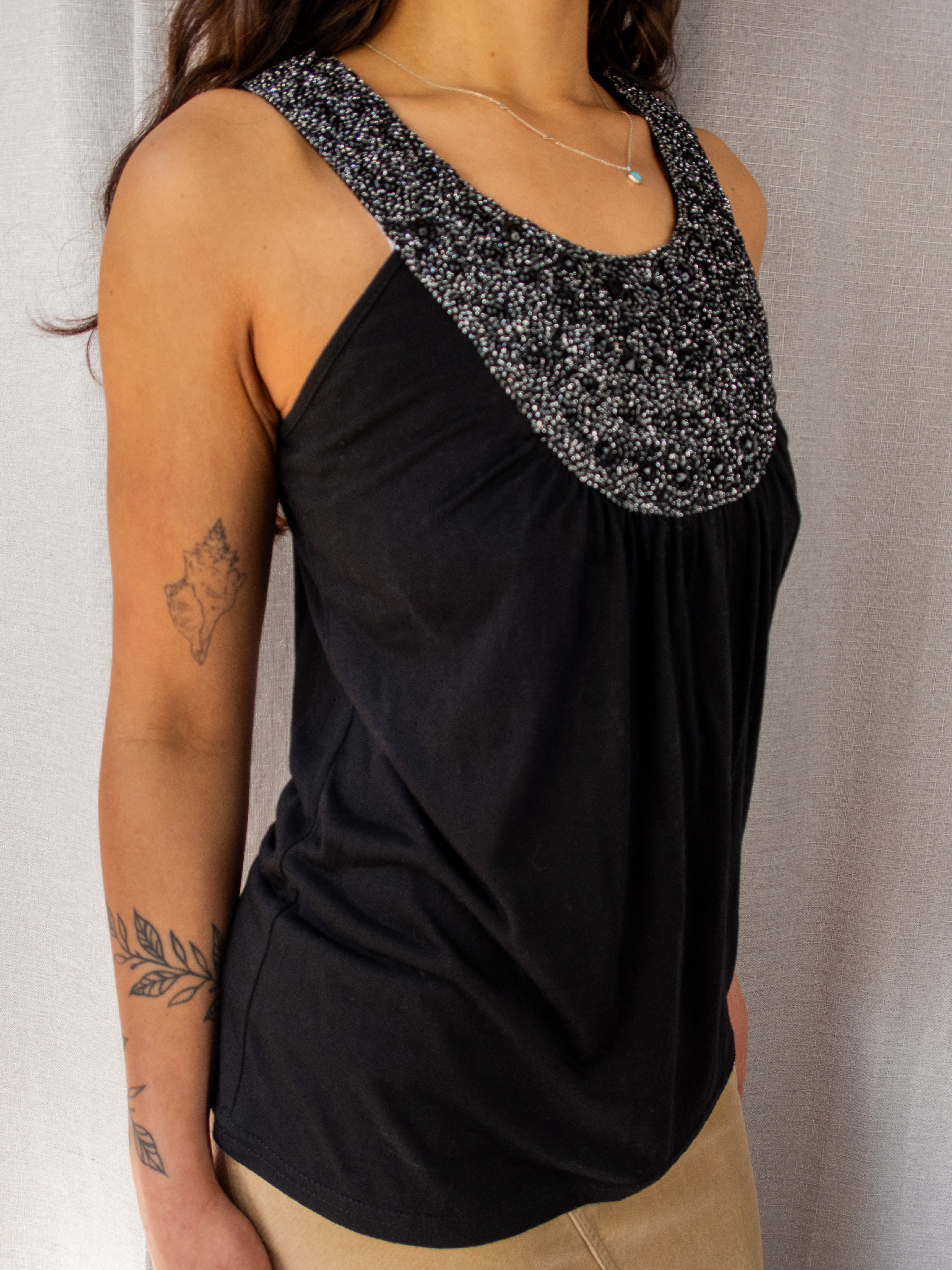 Y2K Avocado Embellished Tank Top - Beaded Neckline - Size 10