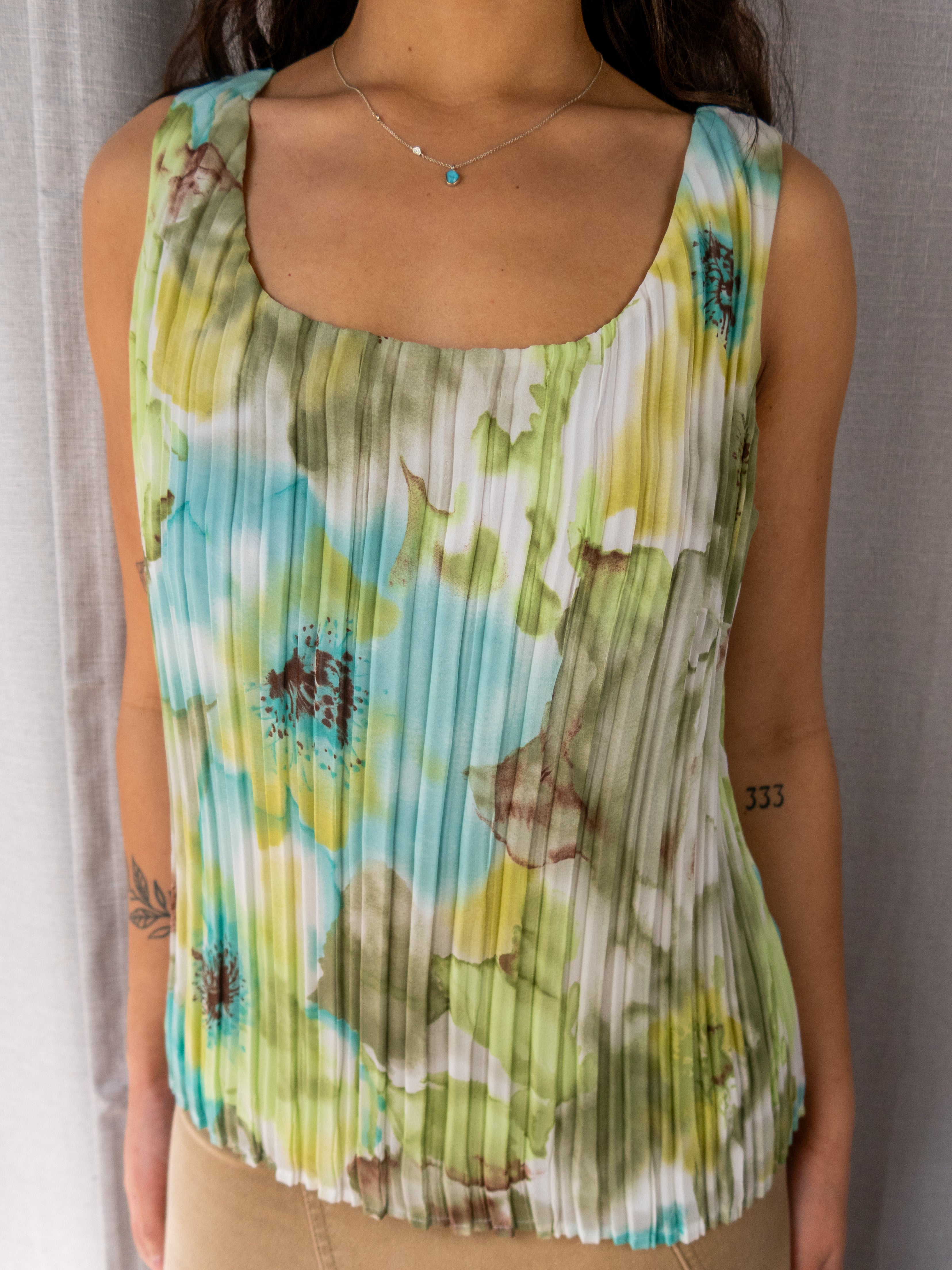 Y2K Guava Pleated Floral Tank Top - Watercolour Print - Size 12