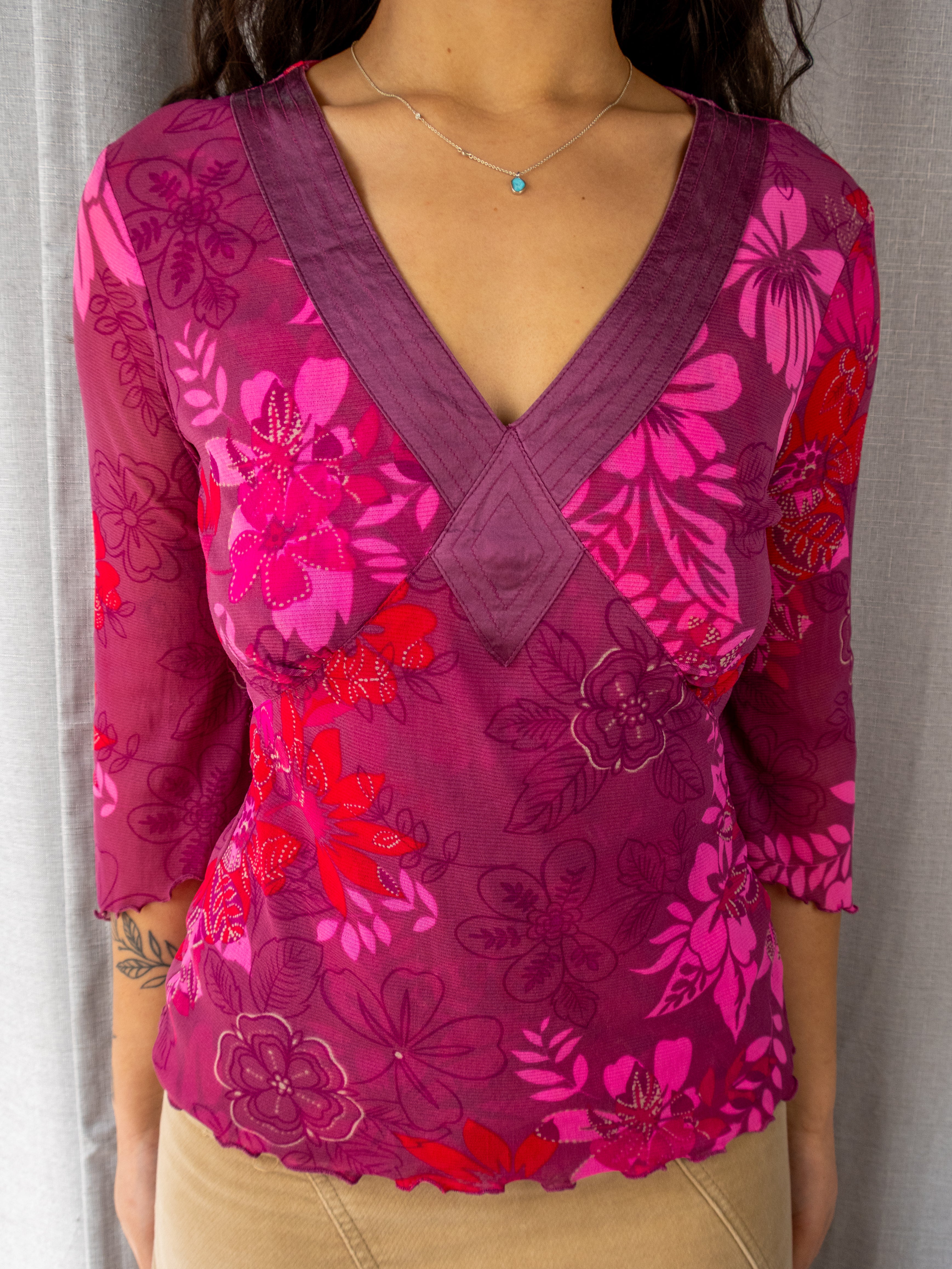 Y2K Monsoon Mesh Top - Pink Floral Print - Size 8