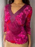 Y2K Monsoon Mesh Top - Pink Floral Print - Size 8