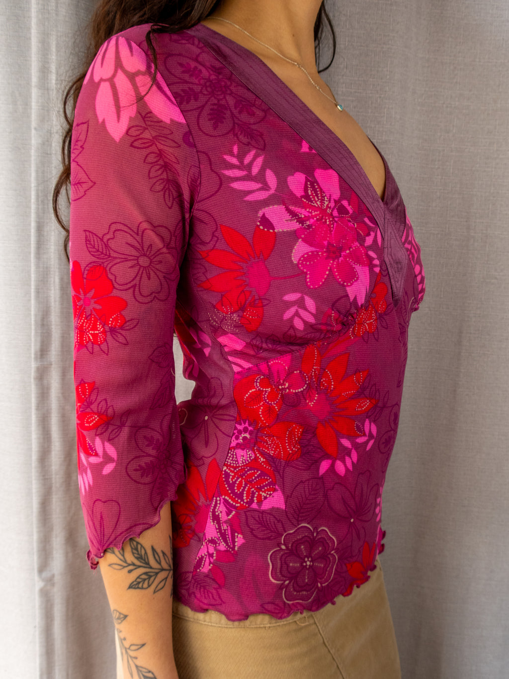 Y2K Monsoon Mesh Top - Pink Floral Print - Size 8