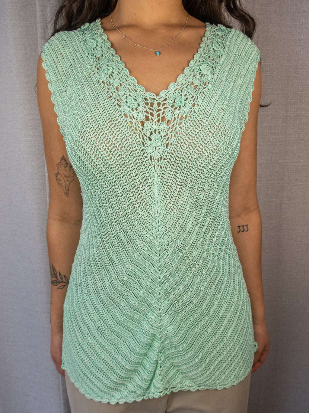 Y2K Suzanne Grae Crochet Knit Top - Mint Green - Size XL