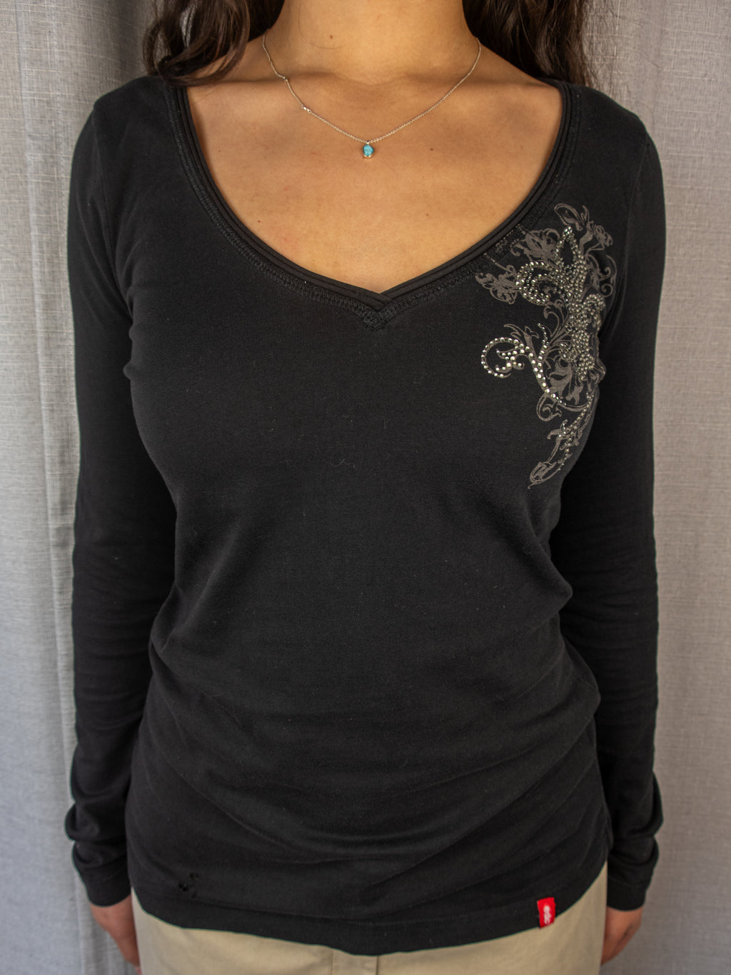 Y2K edc by Esprit Rhinestone Fleur De Lis Top - Black - Size M