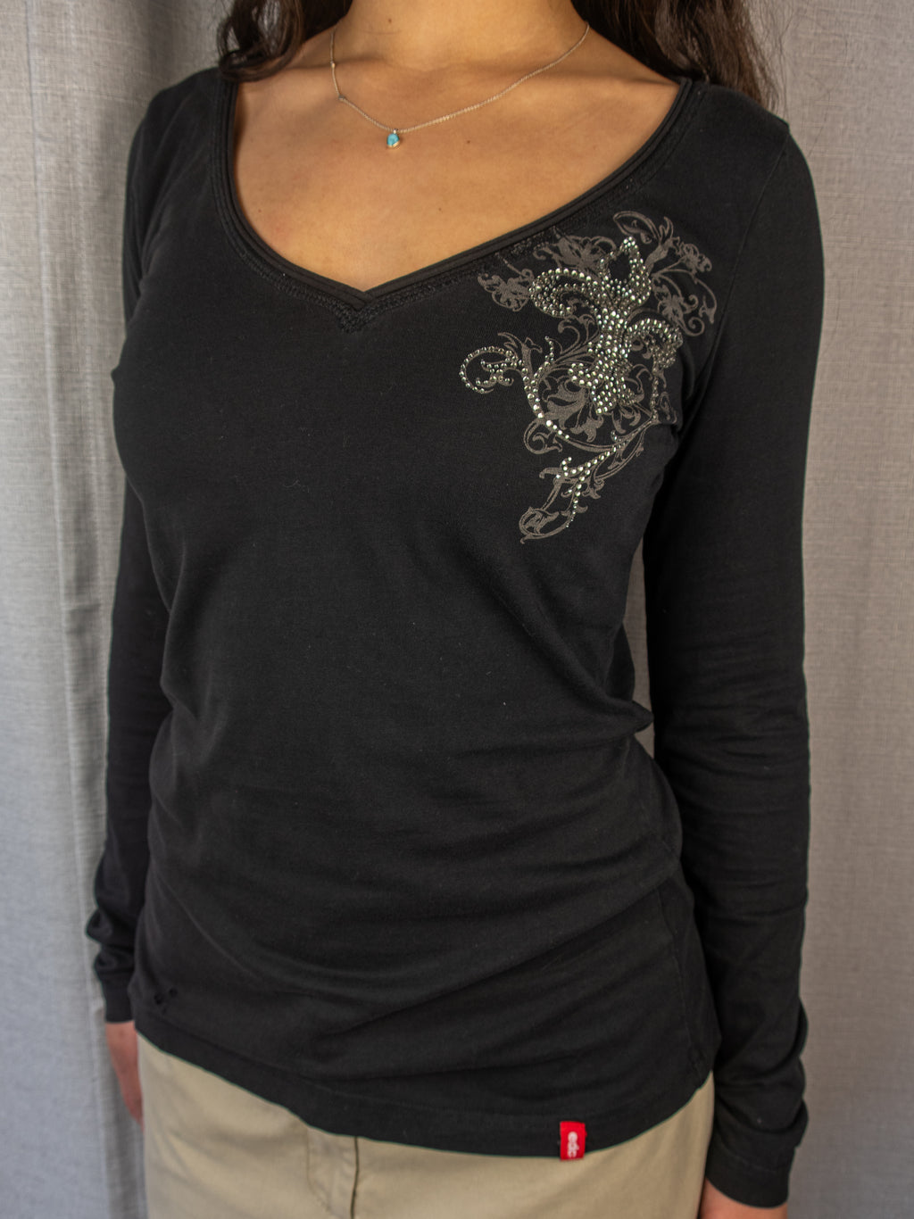 Y2K edc by Esprit Rhinestone Fleur De Lis Top - Black - Size M