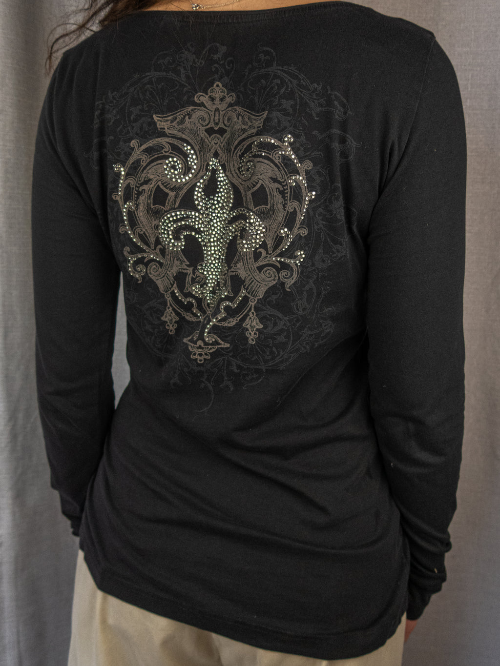 Y2K edc by Esprit Rhinestone Fleur De Lis Top - Black - Size M