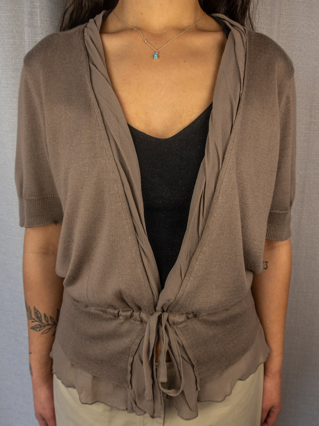 Y2K Jacqui E Tie Front Knit Cardigan - Taupe Brown - Size XL