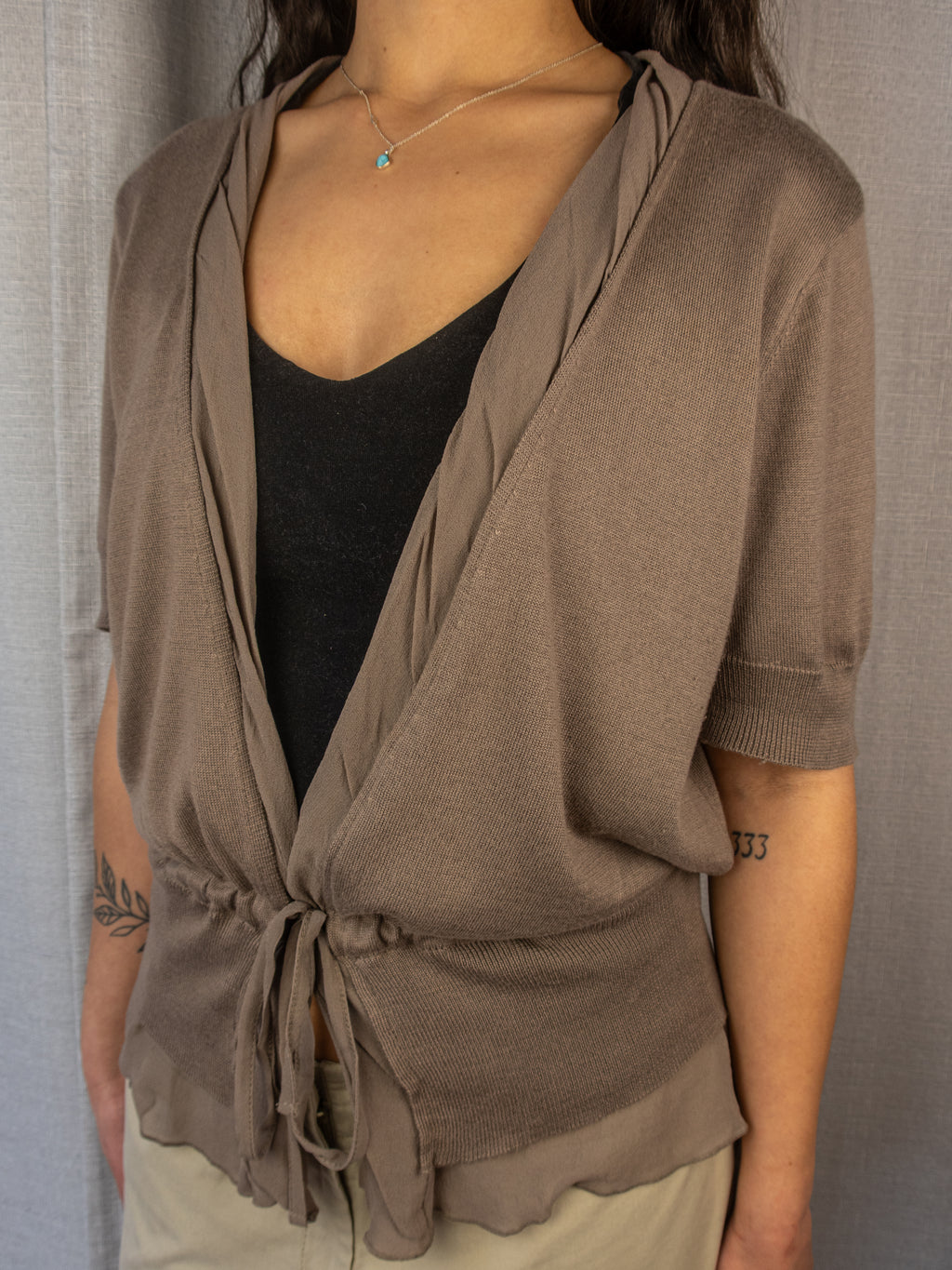 Y2K Jacqui E Tie Front Knit Cardigan - Taupe Brown - Size XL