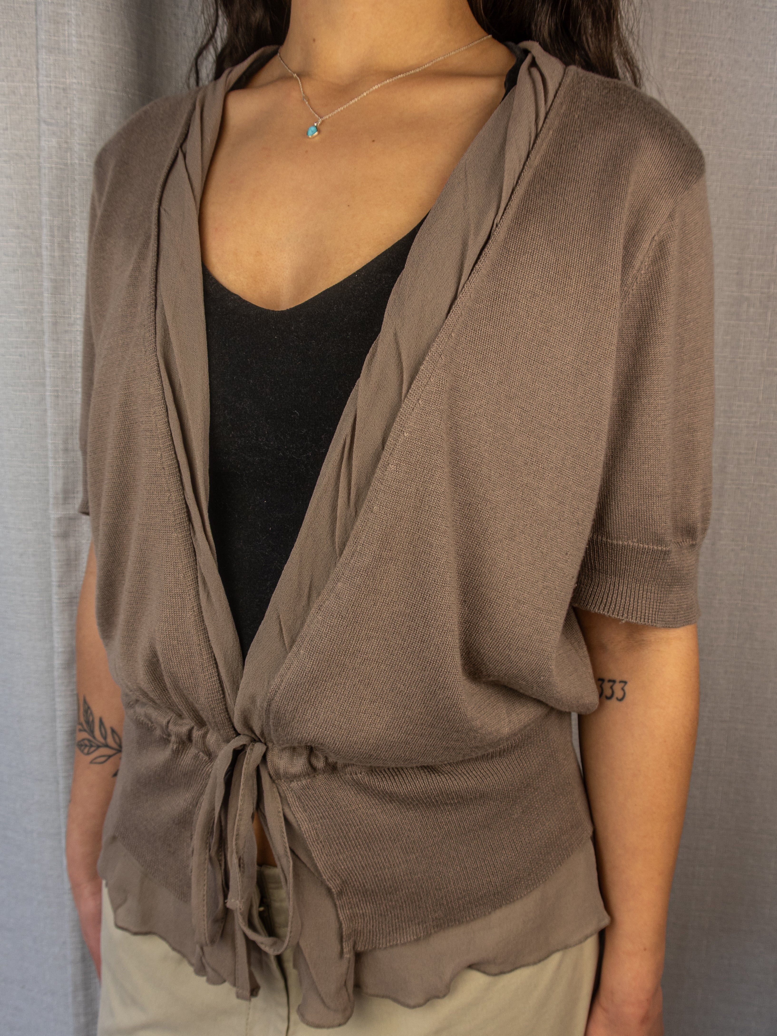 Y2K Jacqui E Tie Front Knit Cardigan - Taupe Brown - Size XL