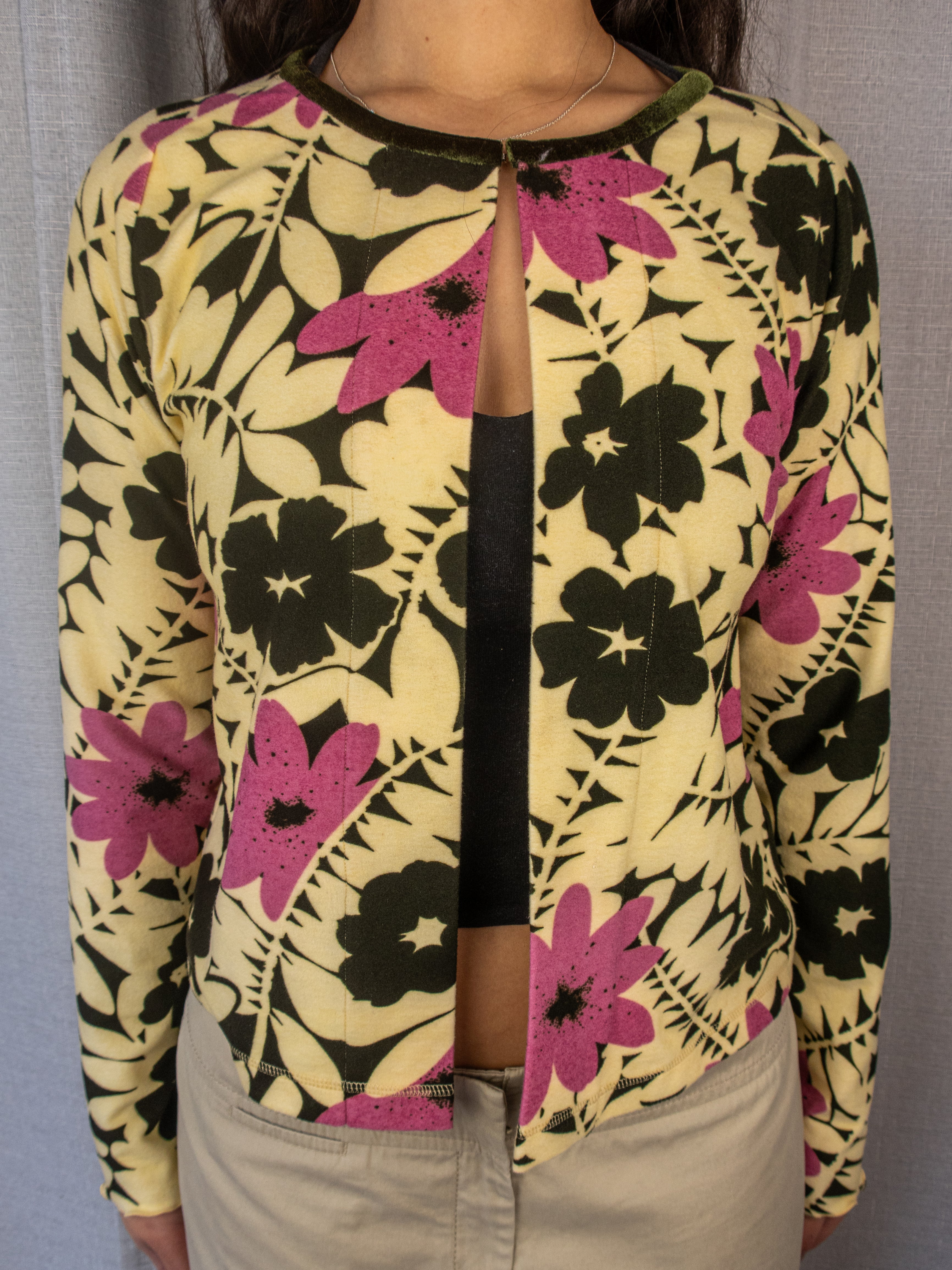 Y2K Floral Cardigan - Olive & Pink Floral - Size M