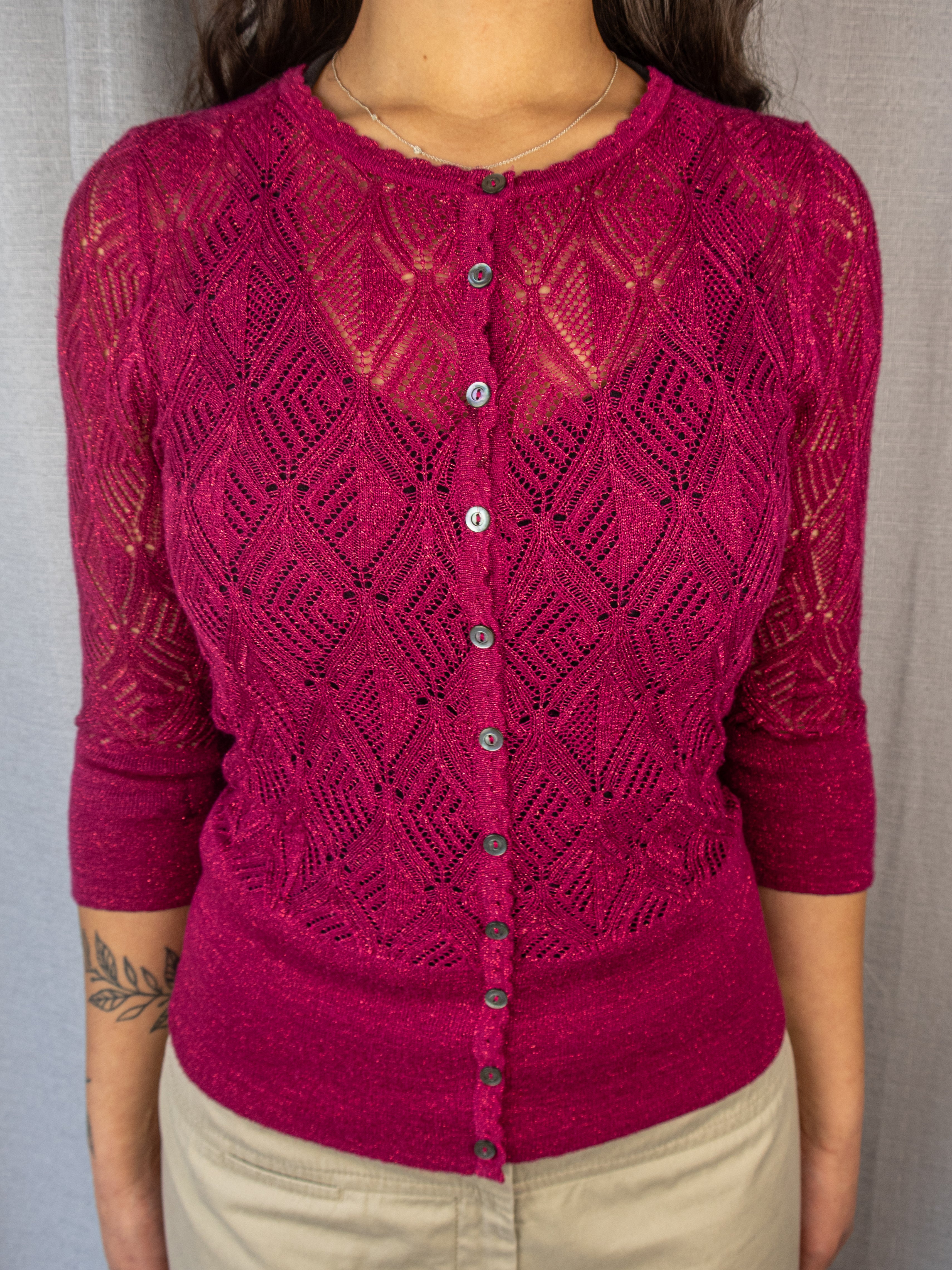 Y2K JAG Pointelle Knit Cardigan - Shimmer Hot Pink - Size M