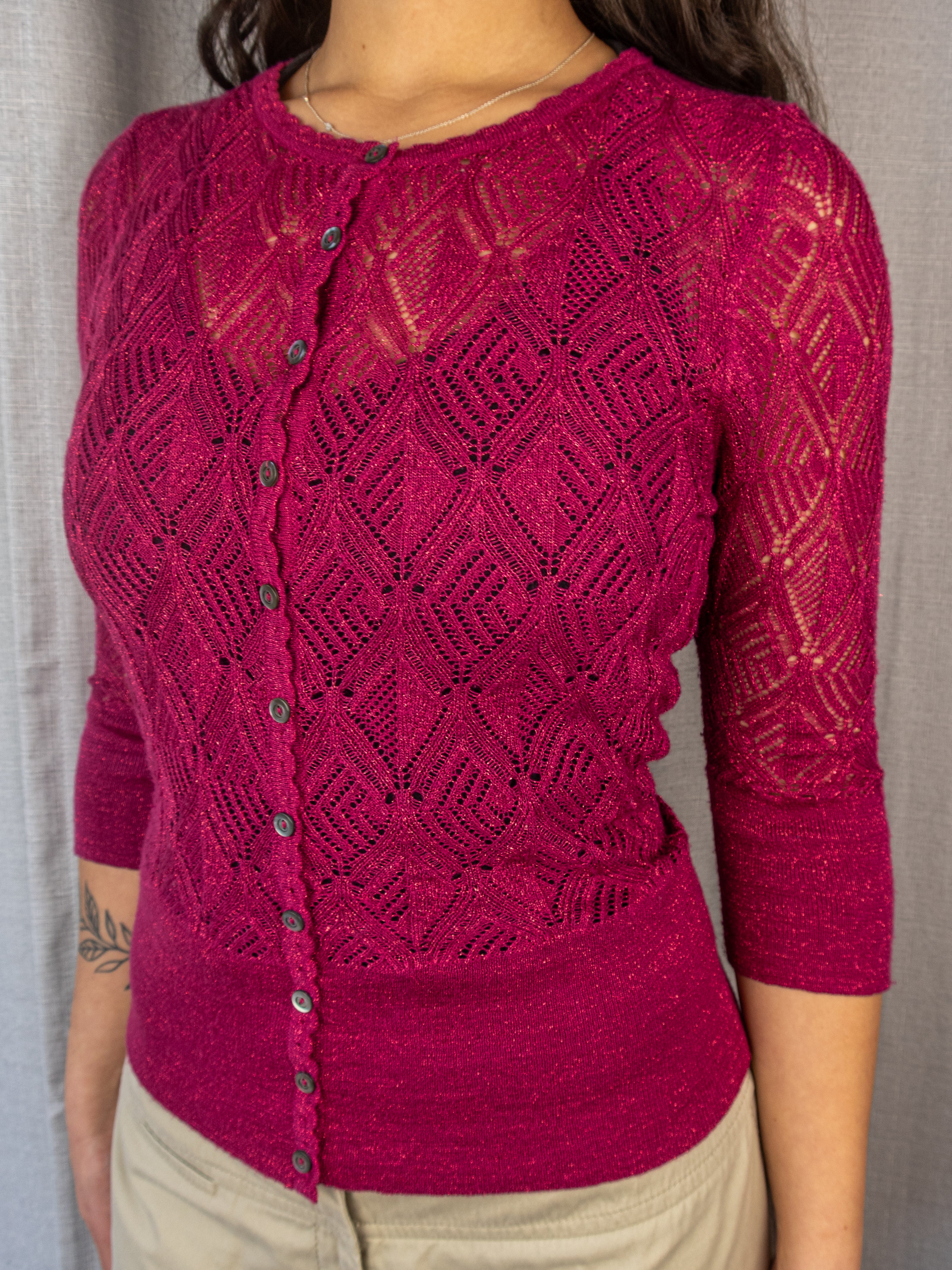 Y2K JAG Pointelle Knit Cardigan - Shimmer Hot Pink - Size M