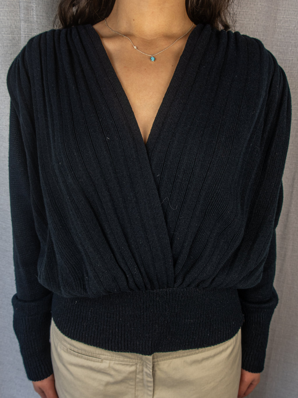 Vintage Knit Draped Sweater - Black Deep V Neck - Size S