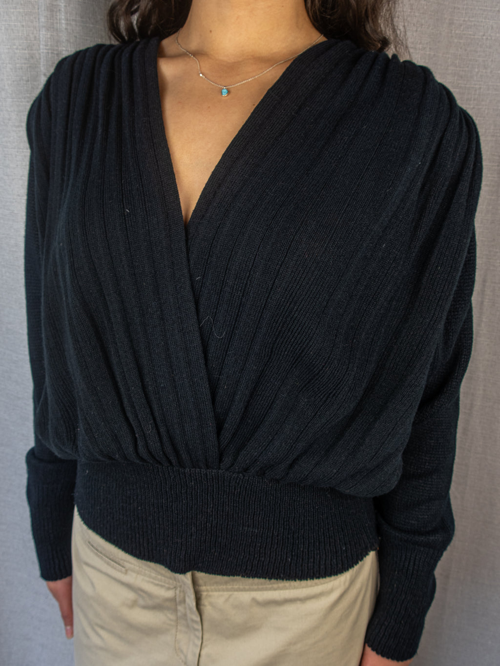 Vintage Knit Draped Sweater - Black Deep V Neck - Size S