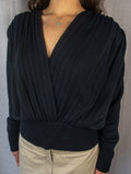Vintage Knit Draped Sweater - Black Deep V Neck - Size S