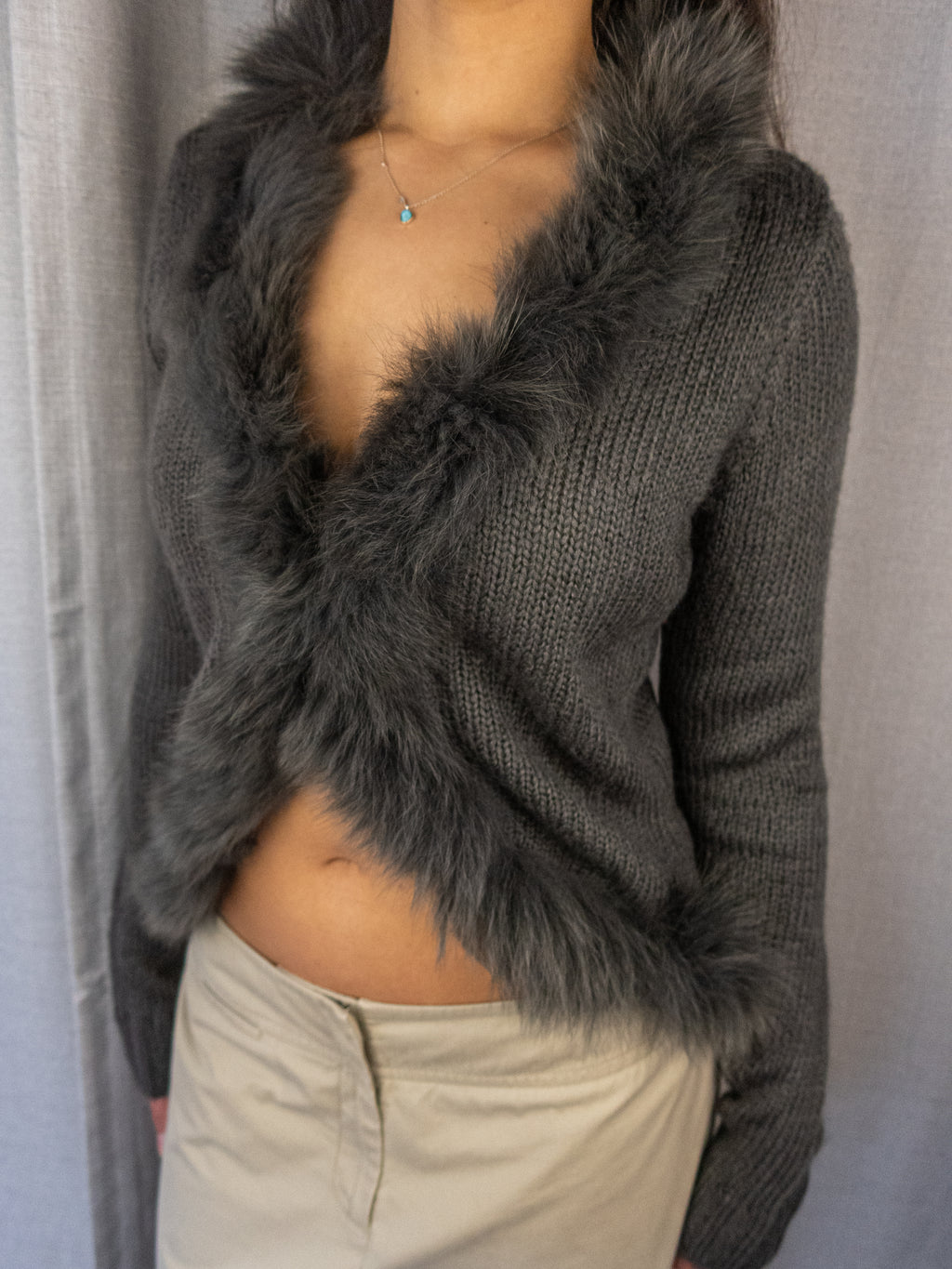 Y2K Avocado Faux Fur Trim Cardigan - Charcoal Grey - Size 8