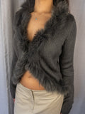 Y2K Avocado Faux Fur Trim Cardigan - Charcoal Grey - Size 8