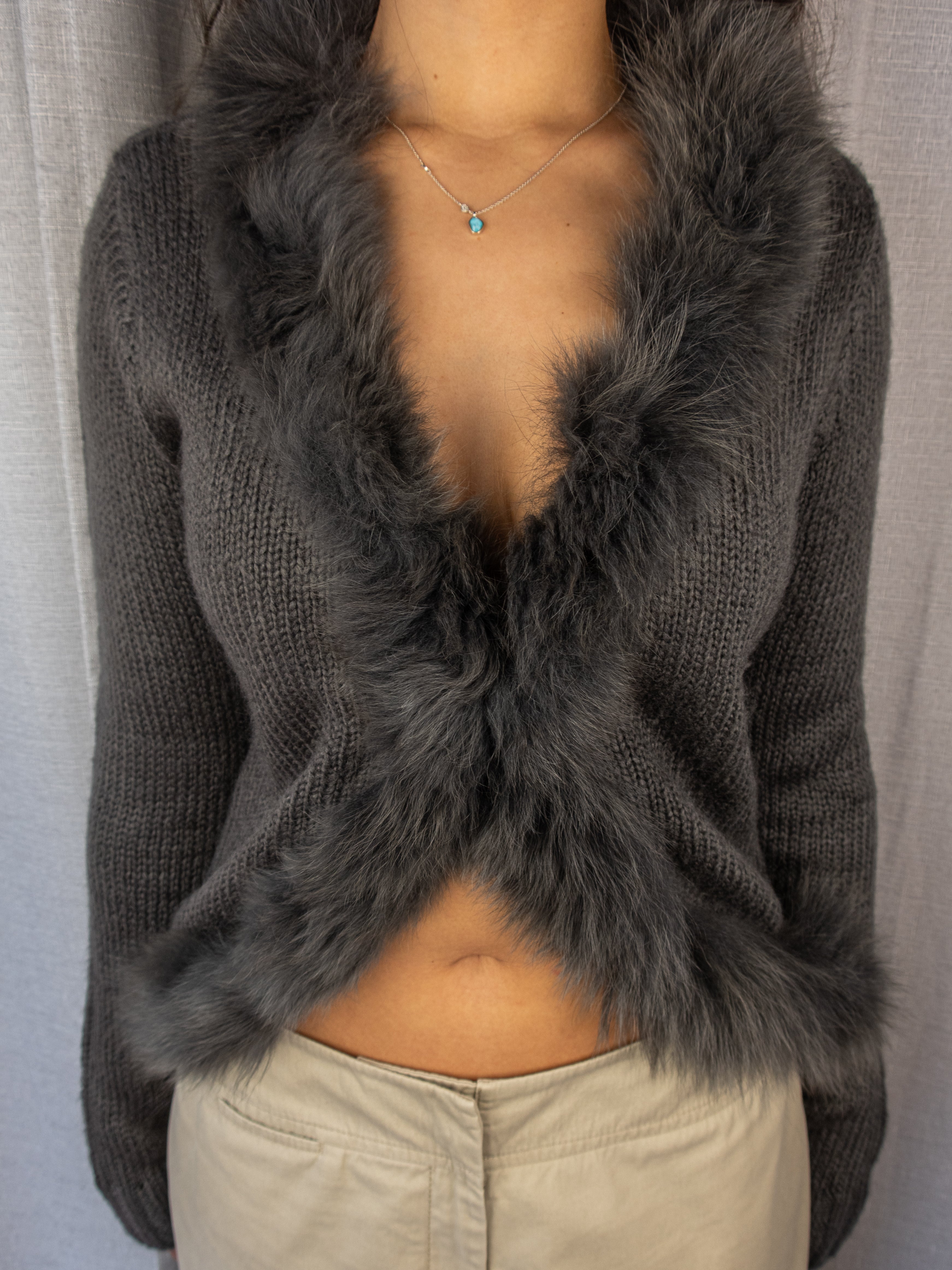 Y2K Avocado Faux Fur Trim Cardigan - Charcoal Grey - Size 8