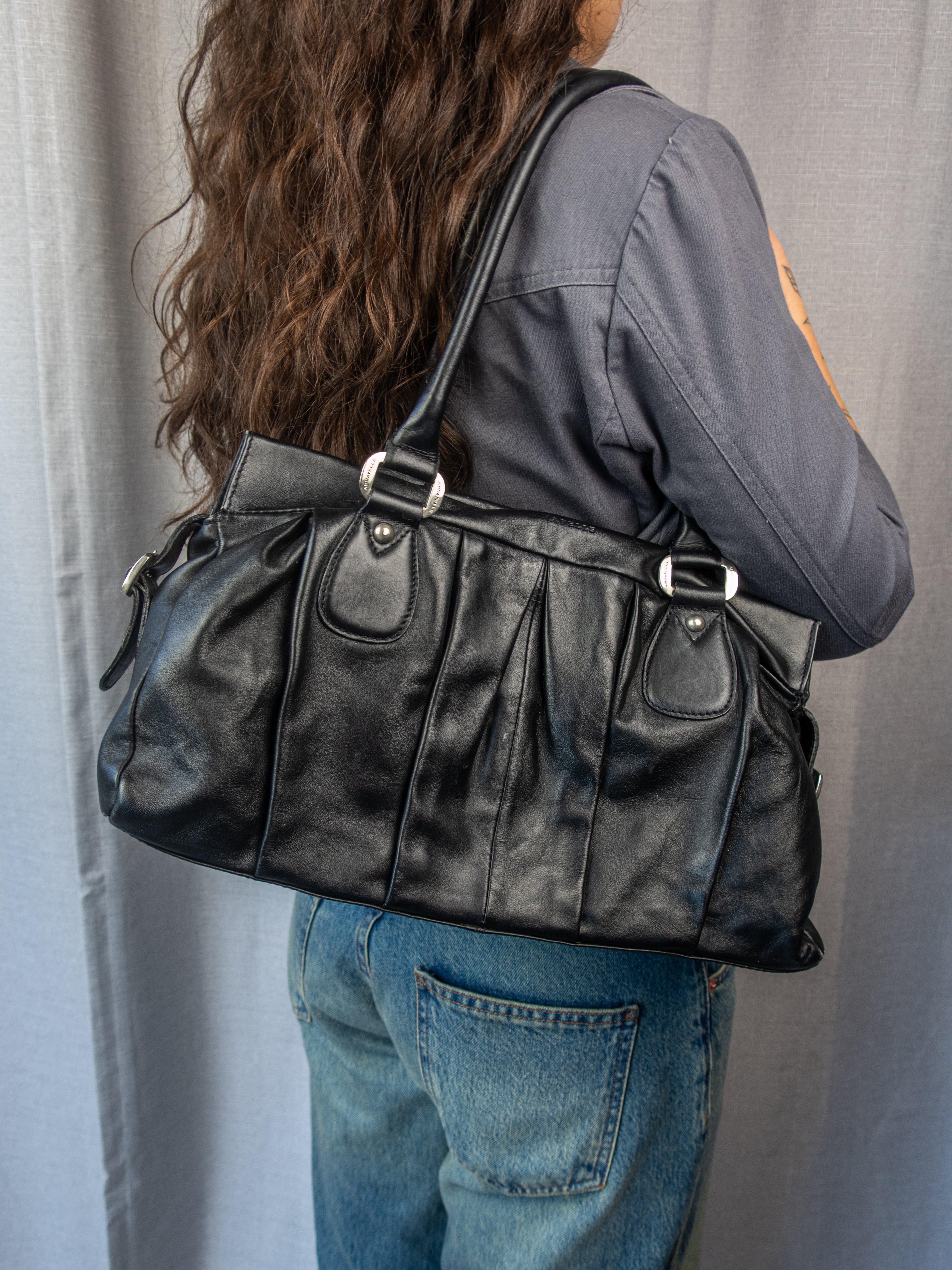 Y2K Annapelle Leather Shoulder Bag - Black Slouchy Tote