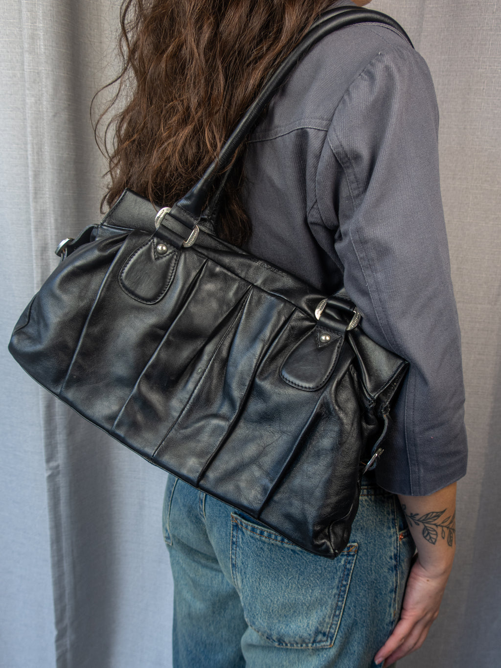 Y2K Annapelle Leather Shoulder Bag - Black Slouchy Tote