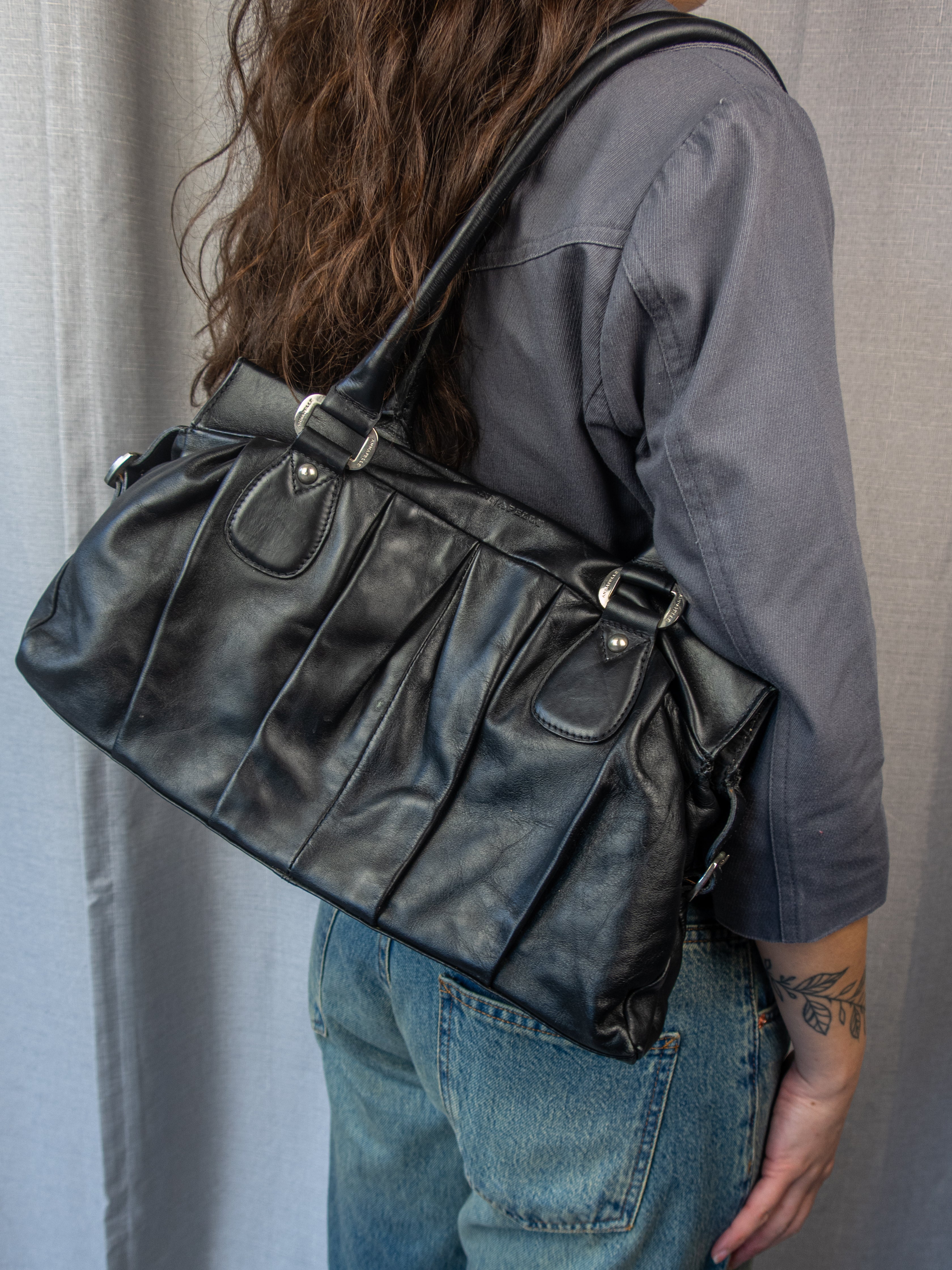 Y2K Annapelle Leather Shoulder Bag - Black Slouchy Tote