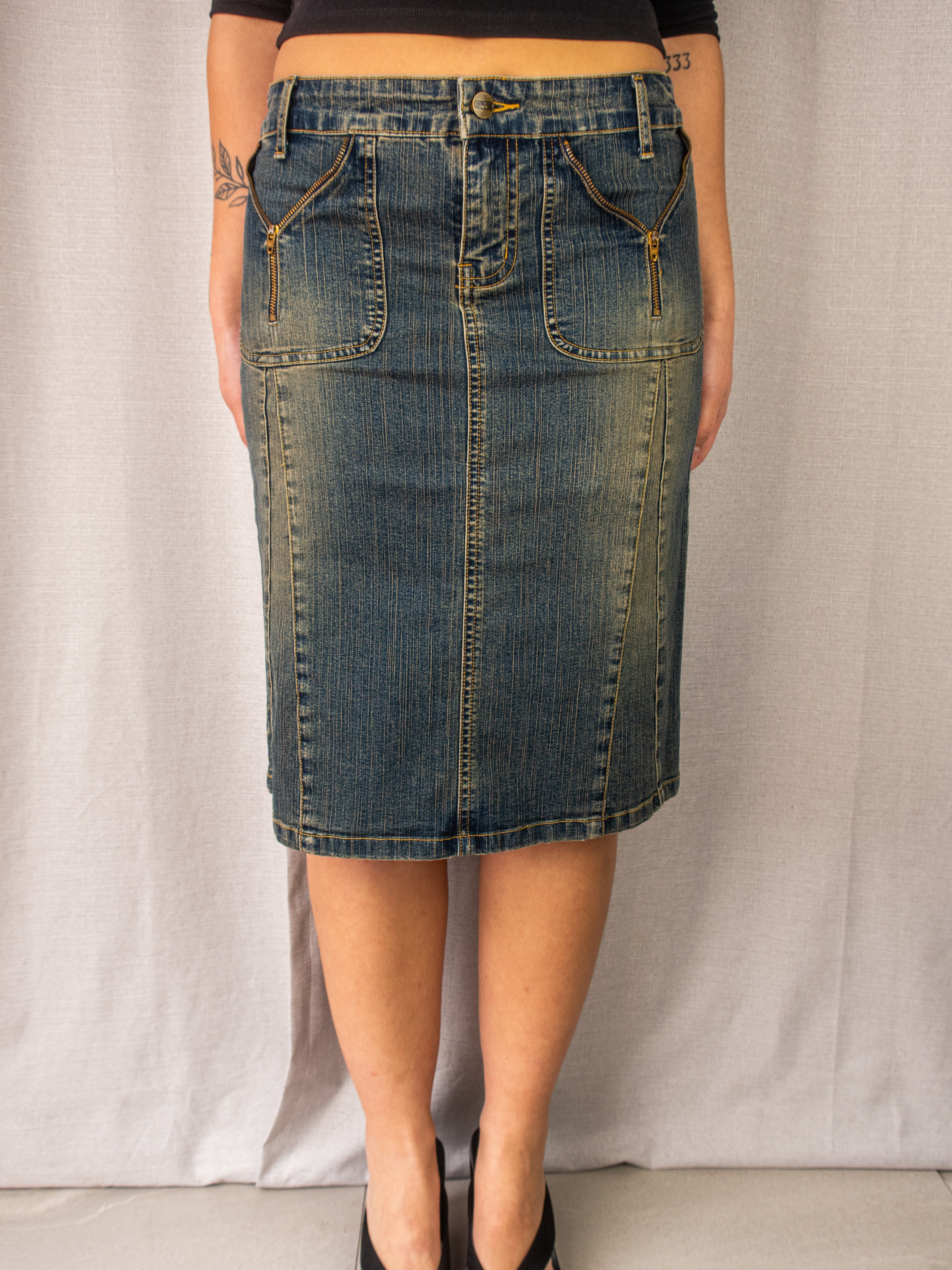 Y2K Grab Denim Skirt - Zip Pocket Detail - Size 8