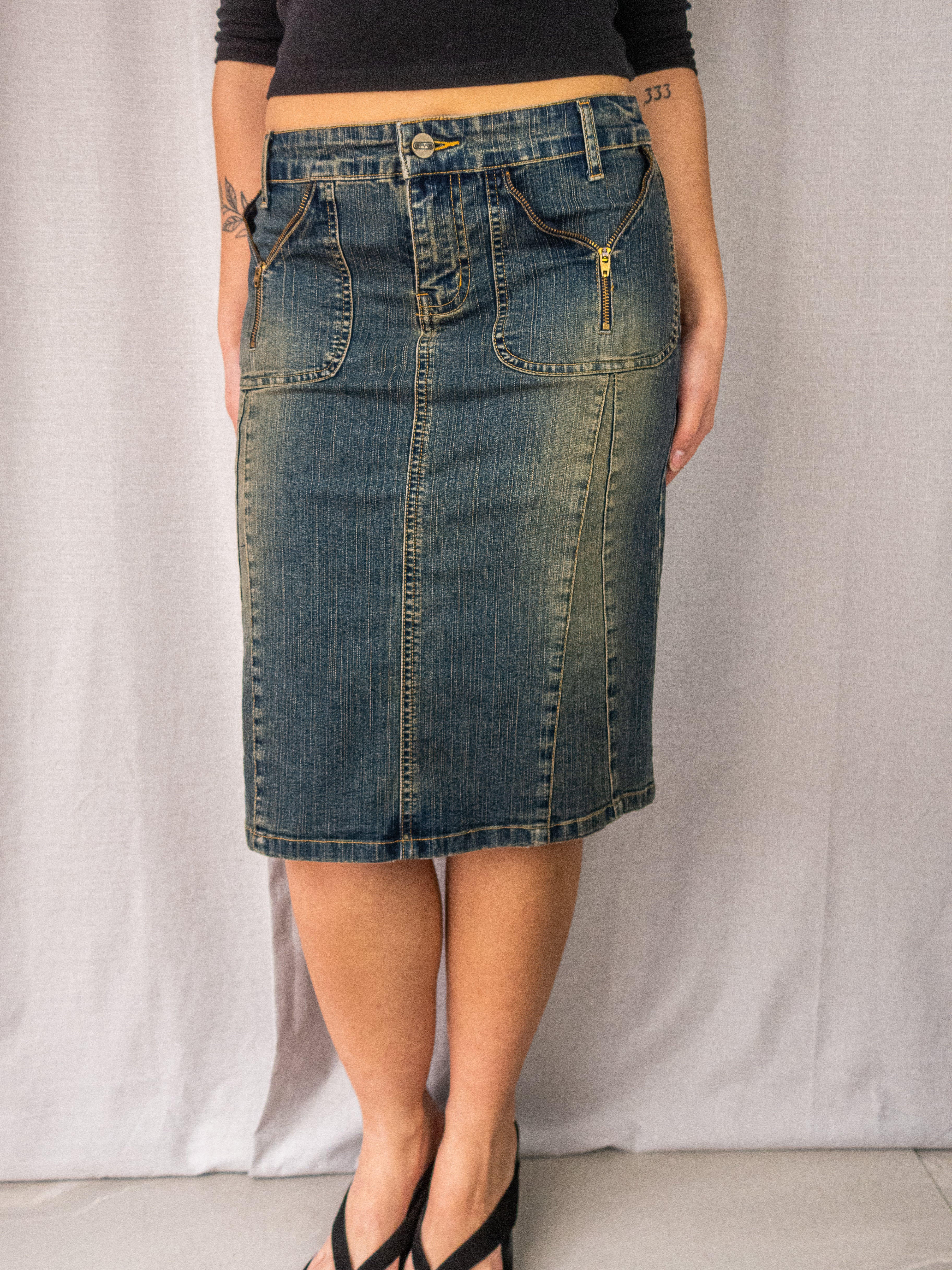 Y2K Grab Denim Skirt - Zip Pocket Detail - Size 8