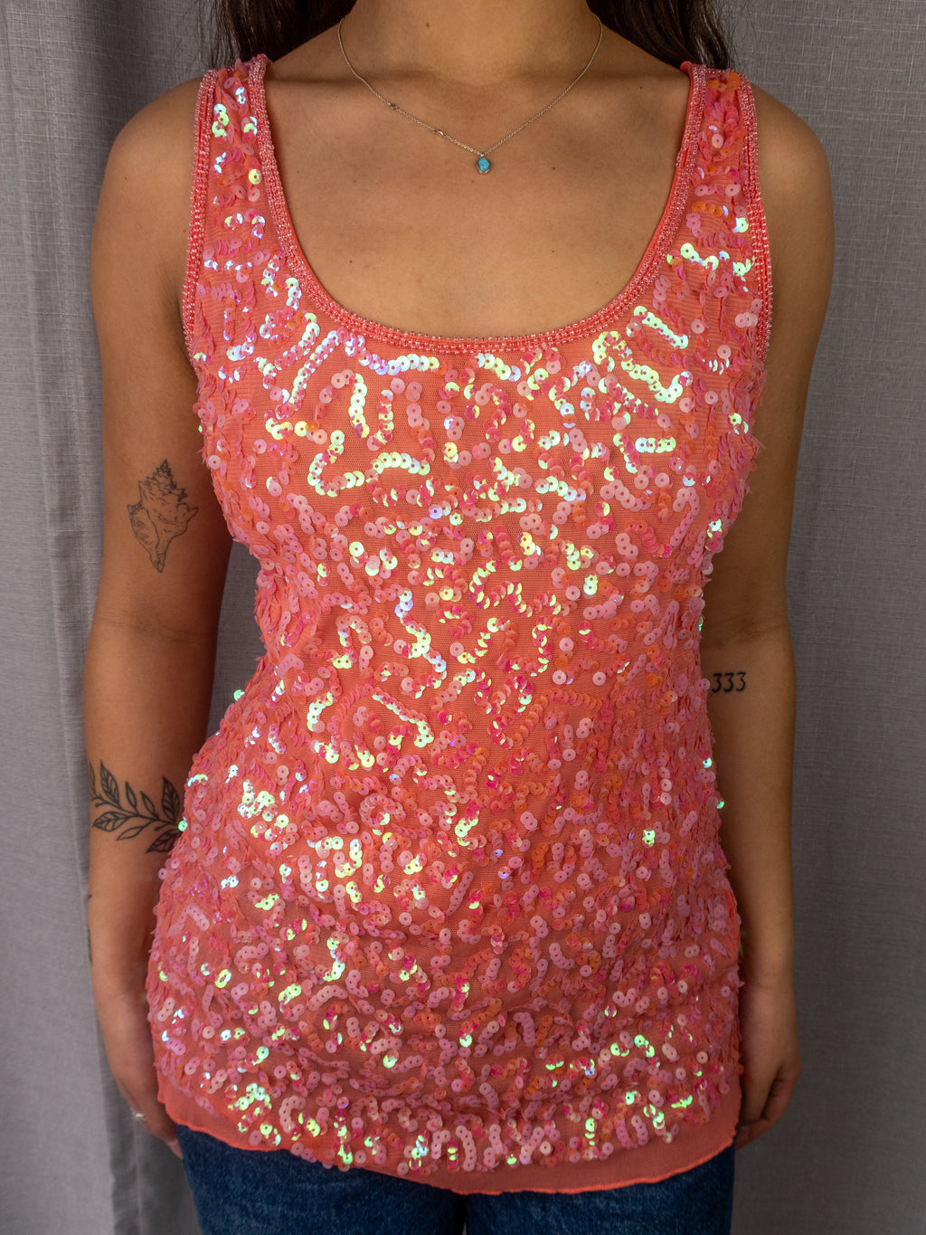 Y2K Crossroads Sequin Tank Top - Neon Coral - Size M