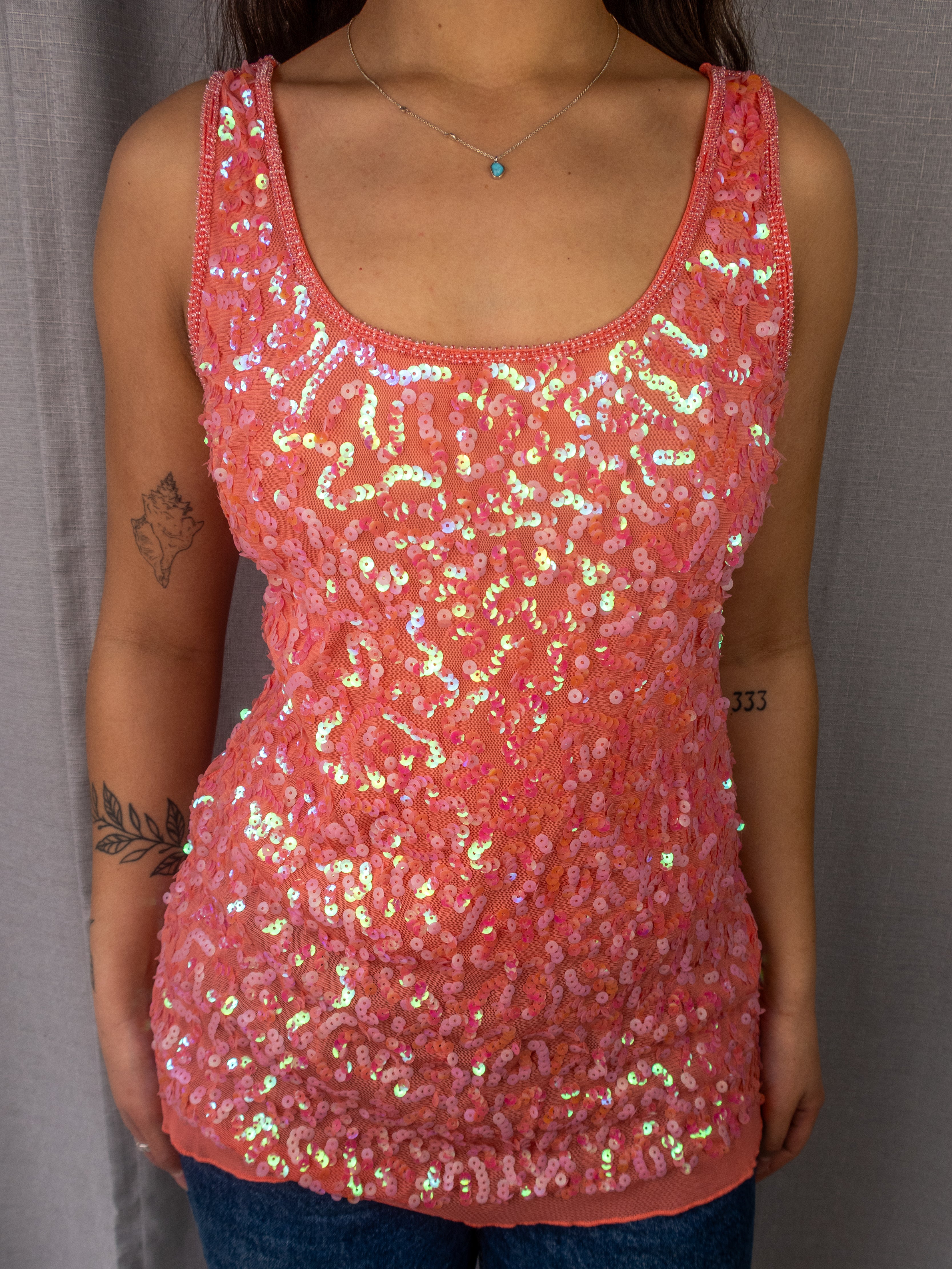 Y2K Crossroads Sequin Tank Top - Neon Coral - Size M