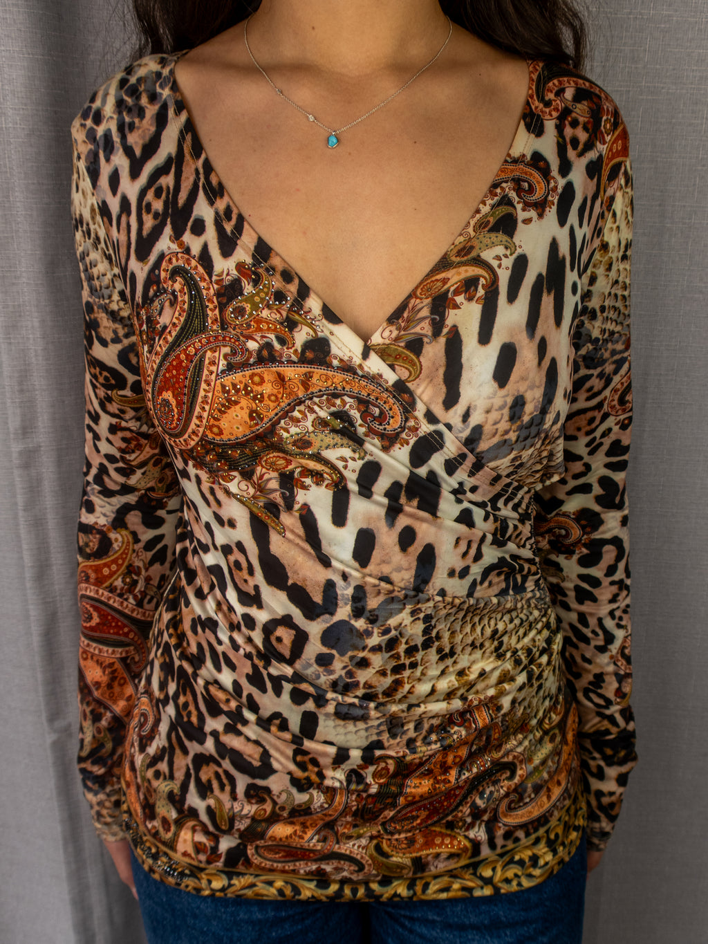 Y2K Natalia Sabe Leopard Paisley Wrap Top - Animal Print - Size M