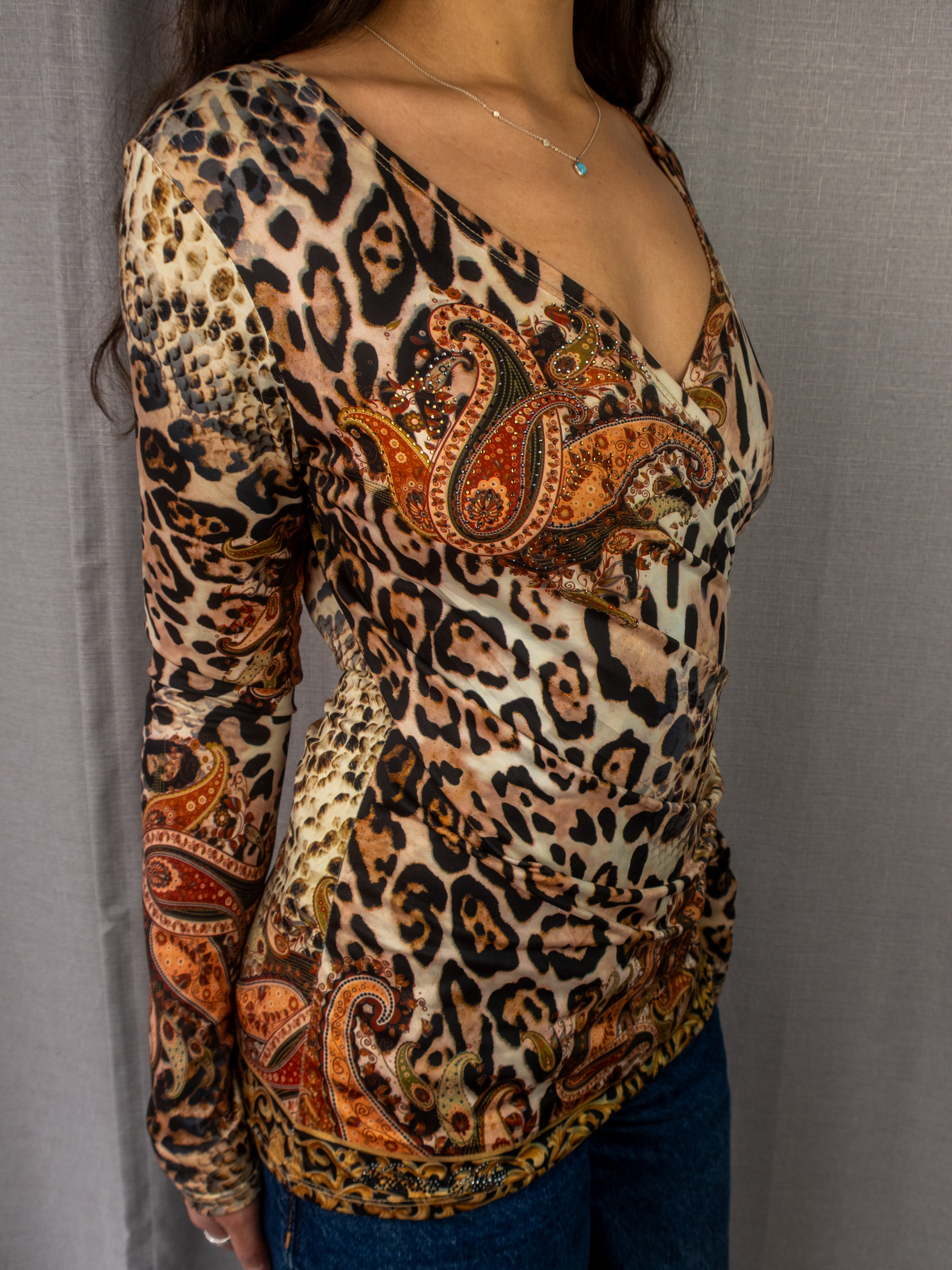 Y2K Natalia Sabe Leopard Paisley Wrap Top - Animal Print - Size M