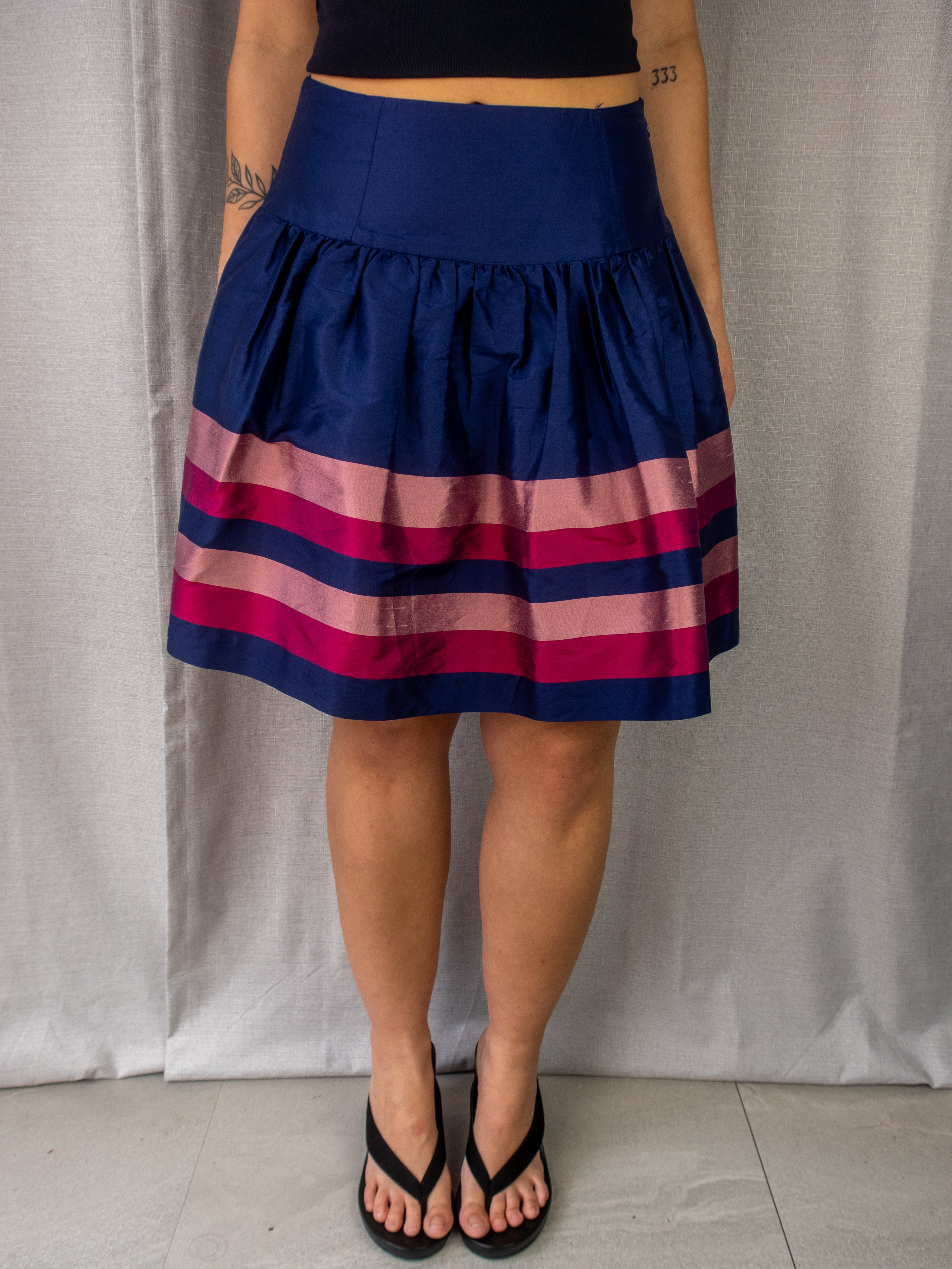 Y2K Alannah Hill Stripe A-Line Mini Skirt - Navy/Pink - Size 8