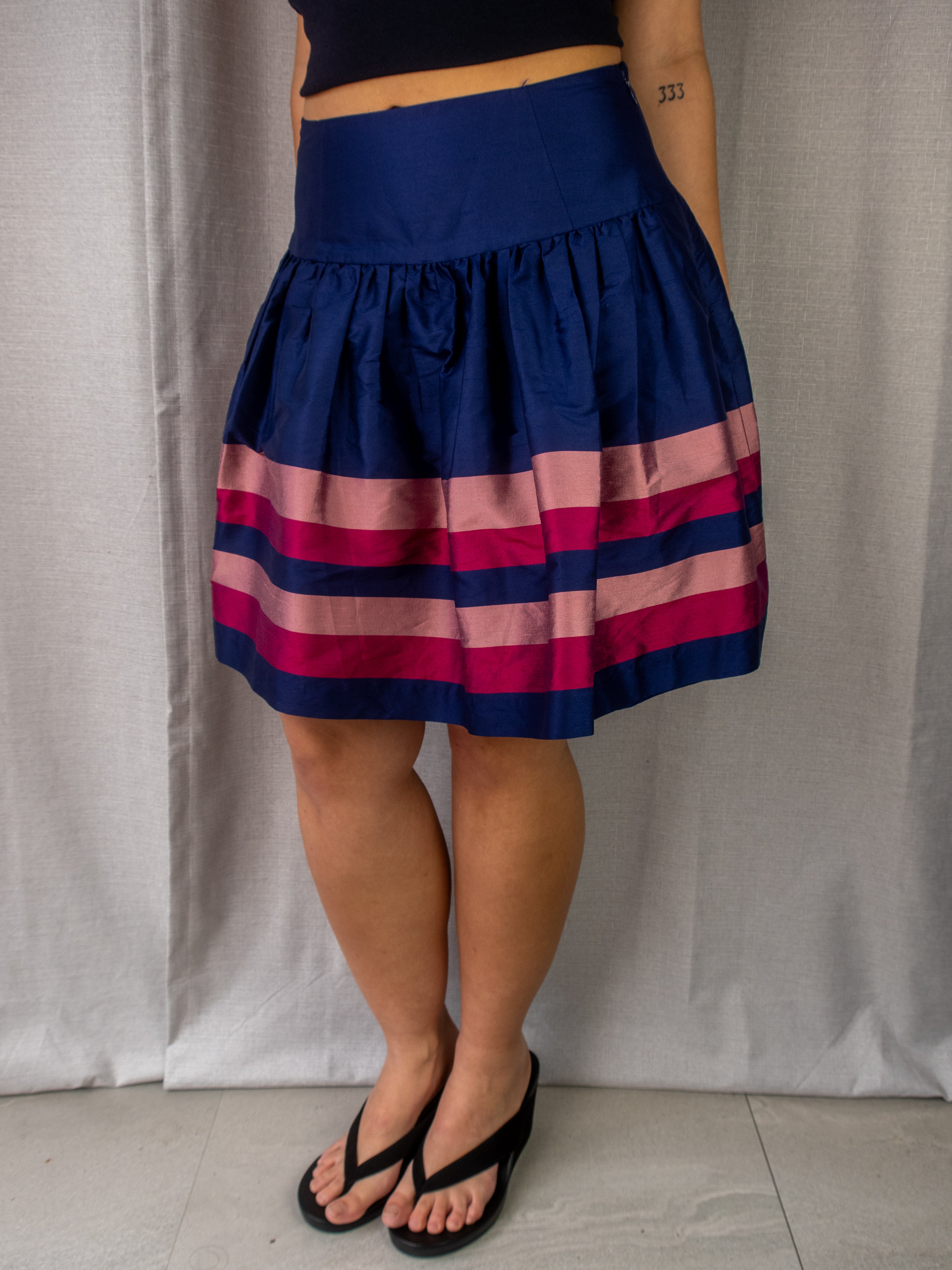 Y2K Alannah Hill Stripe A-Line Mini Skirt - Navy/Pink - Size 8