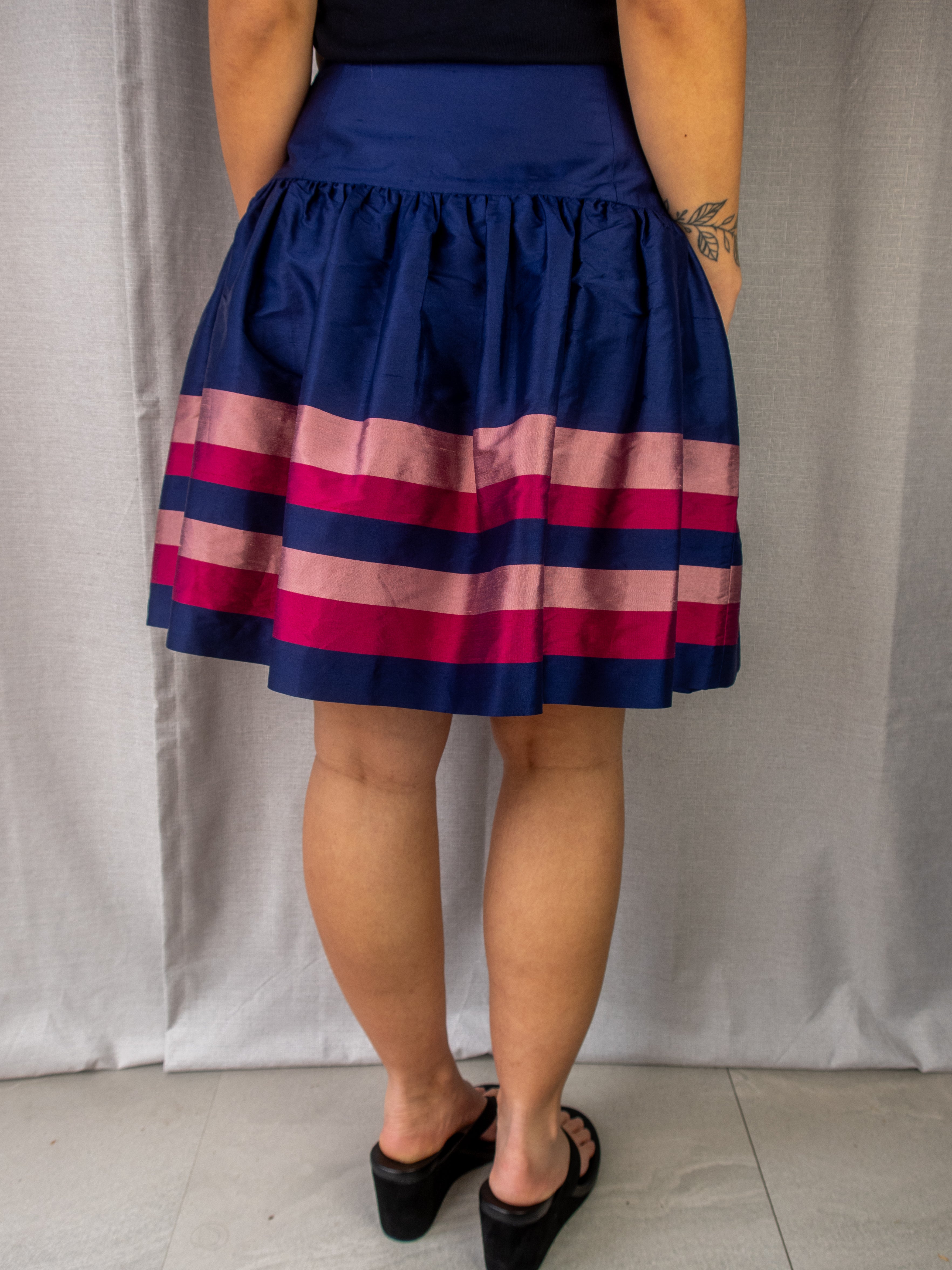 Y2K Alannah Hill Stripe A-Line Mini Skirt - Navy/Pink - Size 8