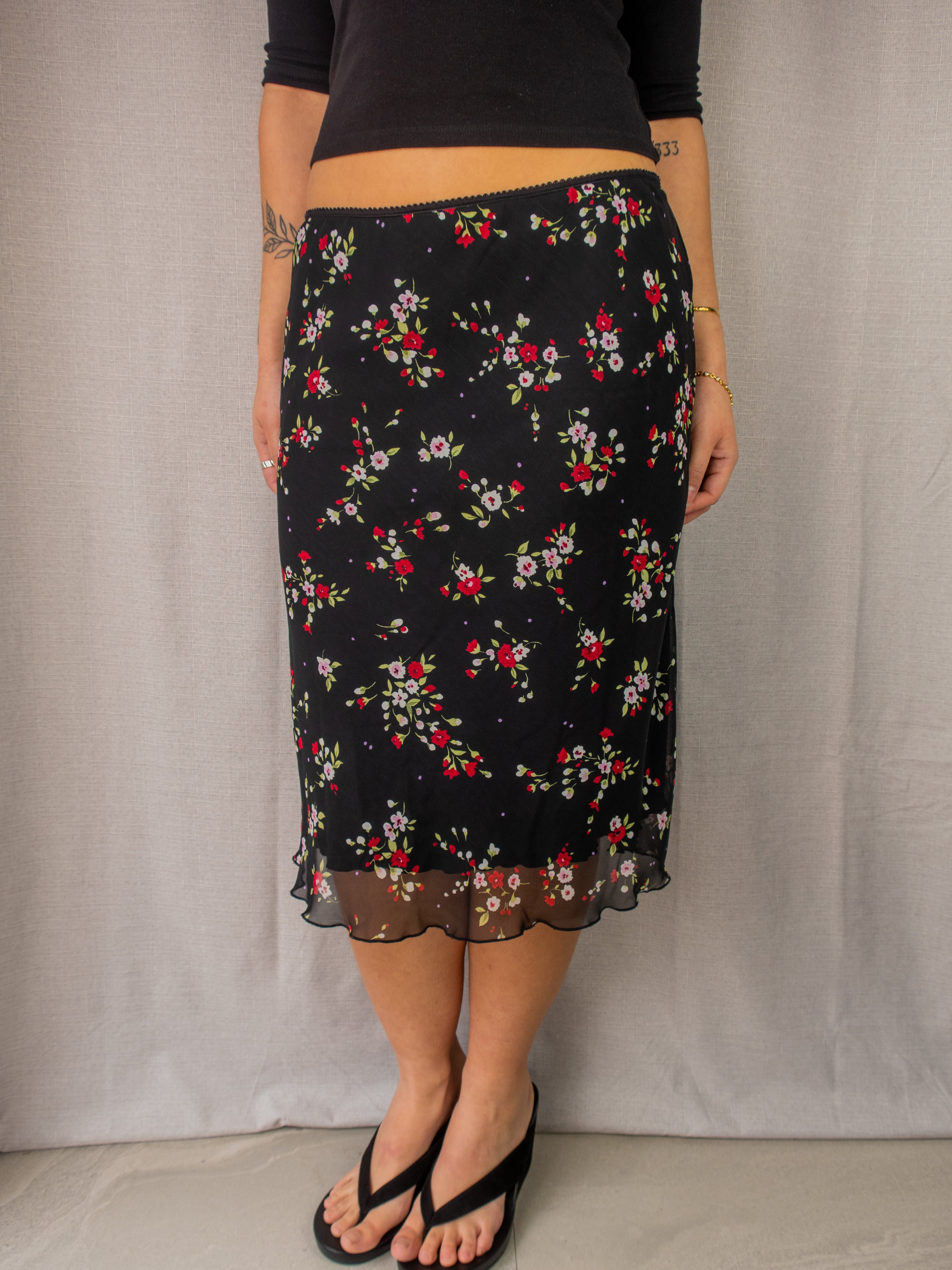 Y2K Expression Floral Mesh Midi Skirt - Size S/M