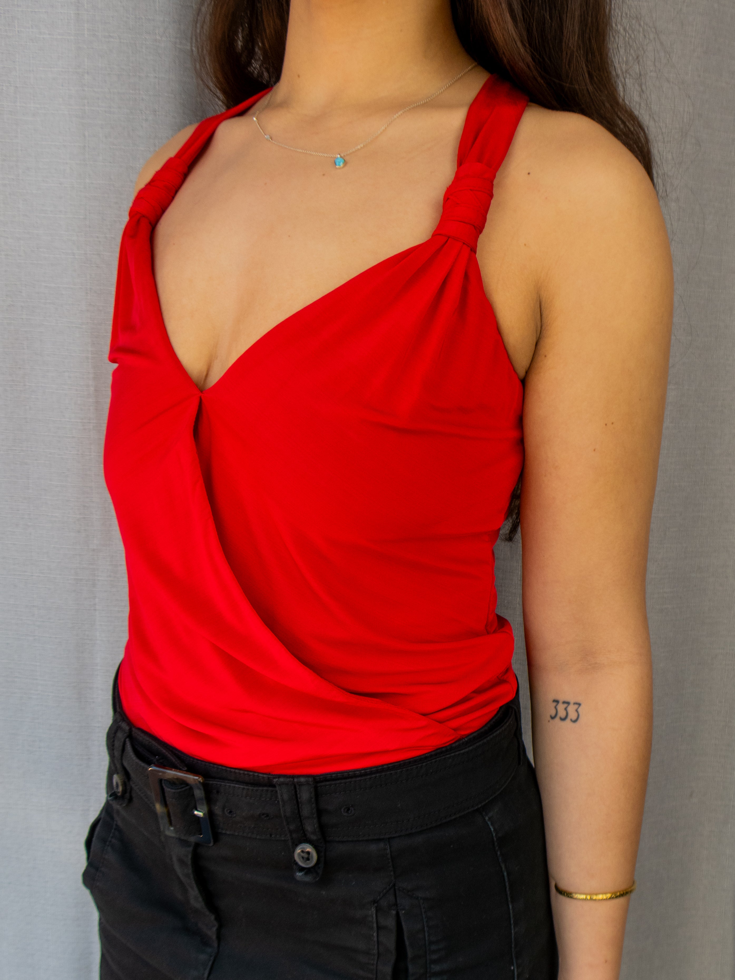Y2K Bebe Red Draped Bodysuit - Size XS
