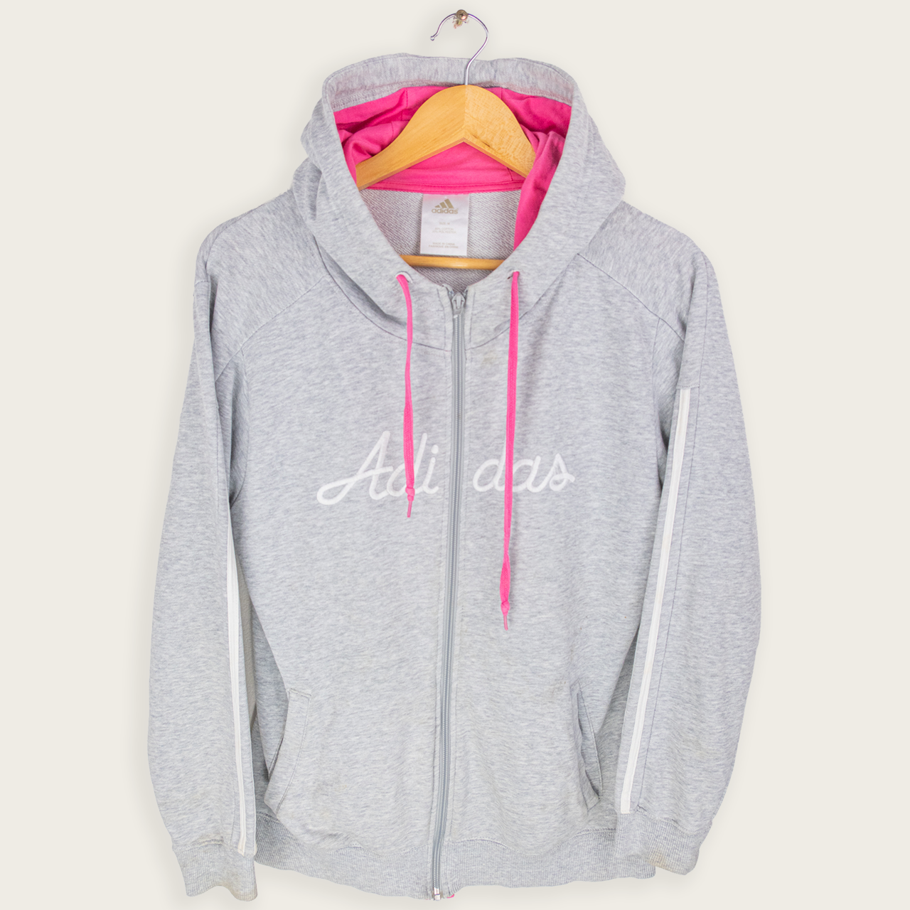 Y2K Adidas Hooded Jacket - Grey Pink Detail - Size M
