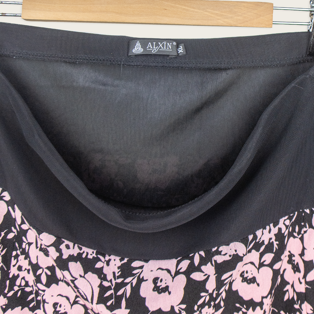 00s ALXIN Pink Floral Ruffle Midi Skirt Black - Size M/L