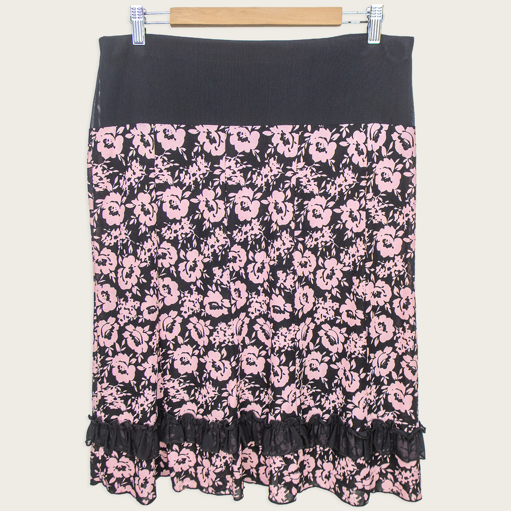 00s ALXIN Pink Floral Ruffle Midi Skirt Black - Size M/L