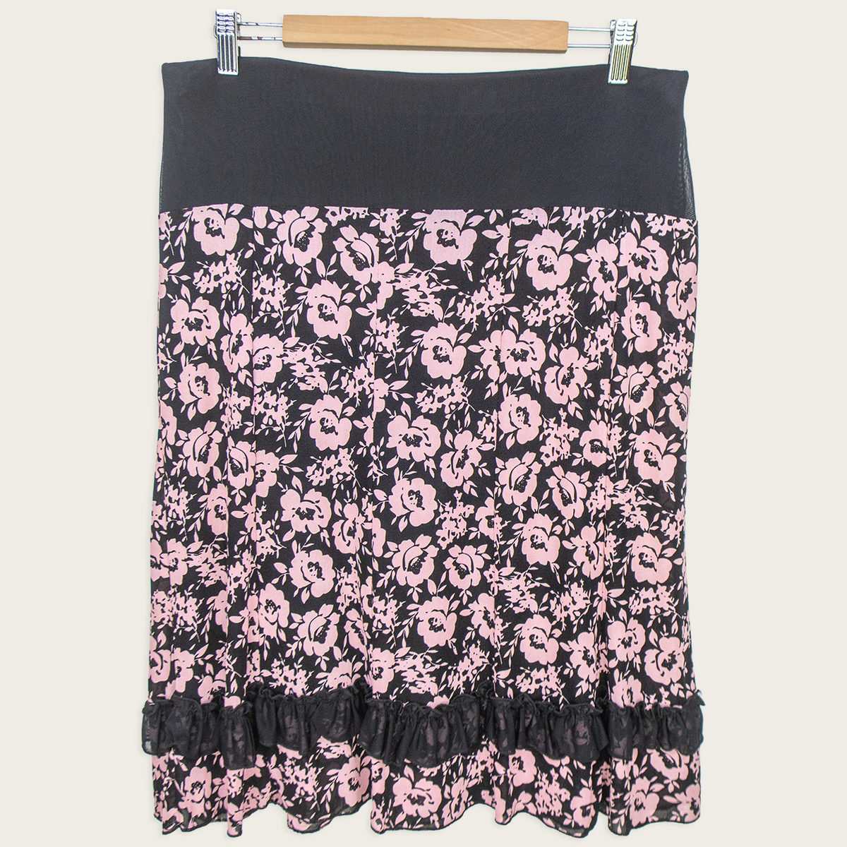 00s ALXIN Pink Floral Ruffle Midi Skirt Black - Size M/L