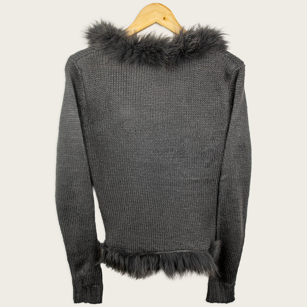 Y2K Avocado Faux Fur Trim Cardigan - Charcoal Grey - Size 8