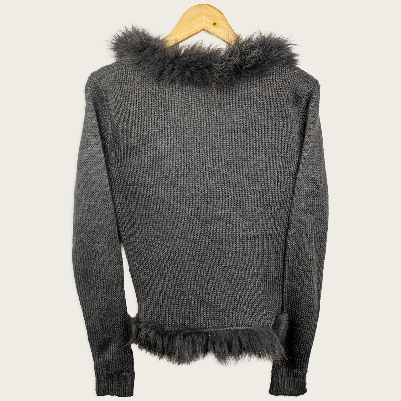 Y2K Avocado Faux Fur Trim Cardigan - Charcoal Grey - Size 8