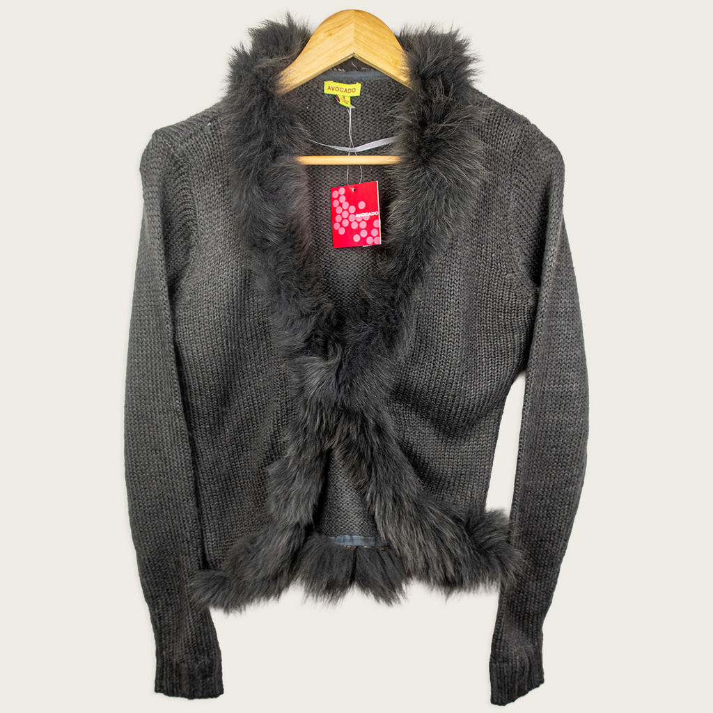 Y2K Avocado Faux Fur Trim Cardigan - Charcoal Grey - Size 8