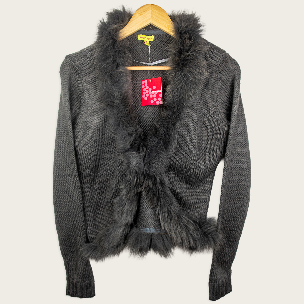 Y2K Avocado Faux Fur Trim Cardigan - Charcoal Grey - Size 8