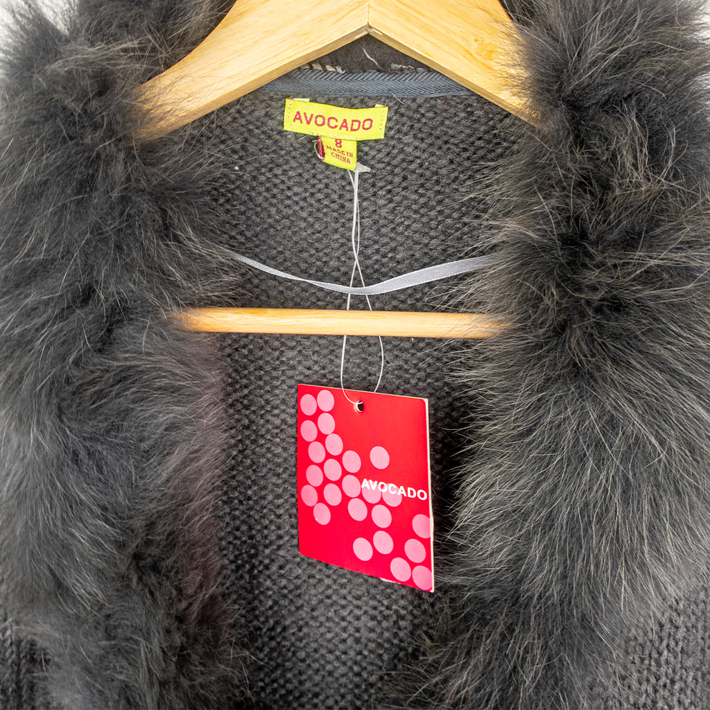 Y2K Avocado Faux Fur Trim Cardigan - Charcoal Grey - Size 8