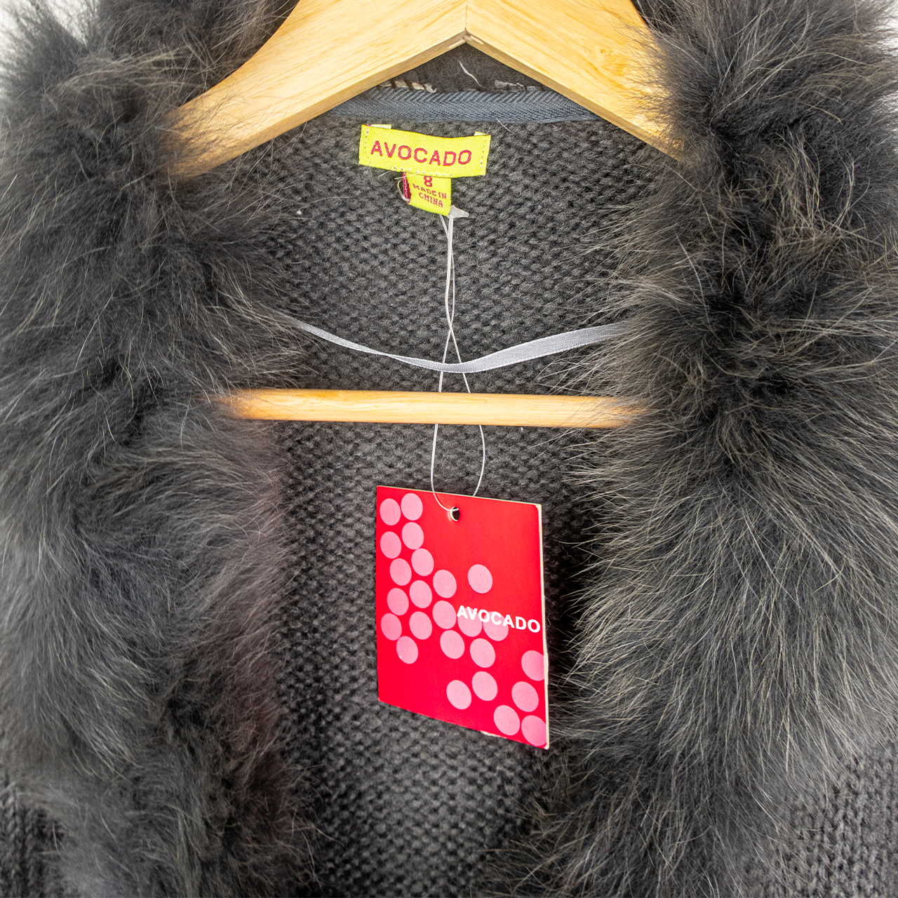 Y2K Avocado Faux Fur Trim Cardigan - Charcoal Grey - Size 8