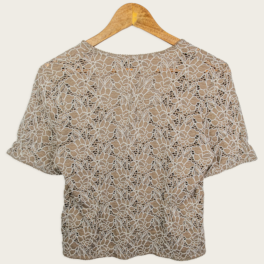 Y2K Jacqui E Lace Button Front Top - Beige Floral Lace - Size S