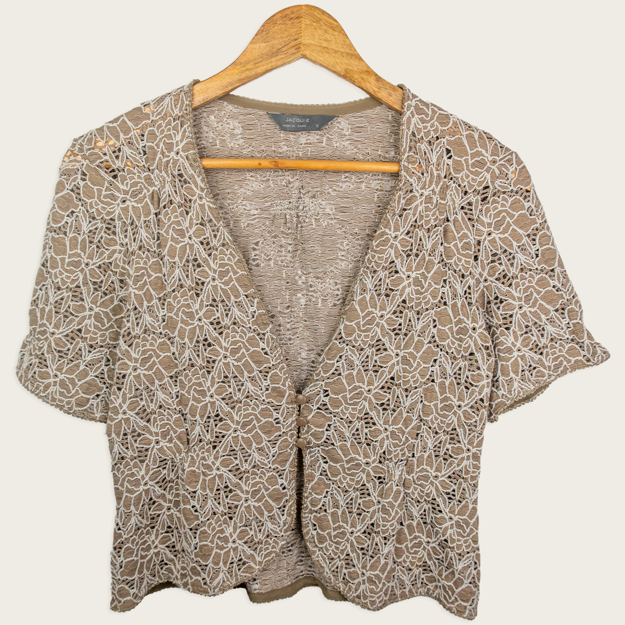 Y2K Jacqui E Lace Button Front Top - Beige Floral Lace - Size S