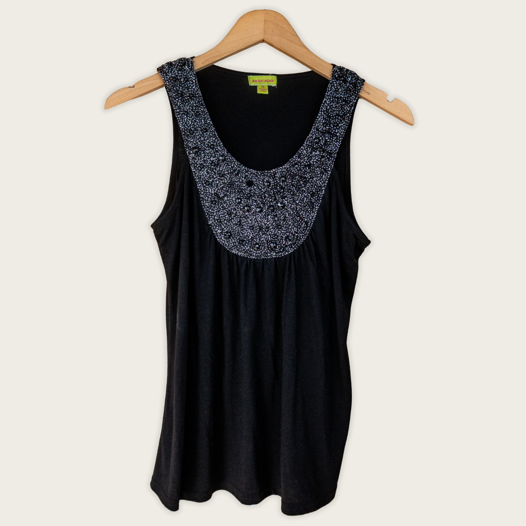 Y2K Avocado Embellished Tank Top - Beaded Neckline - Size 10
